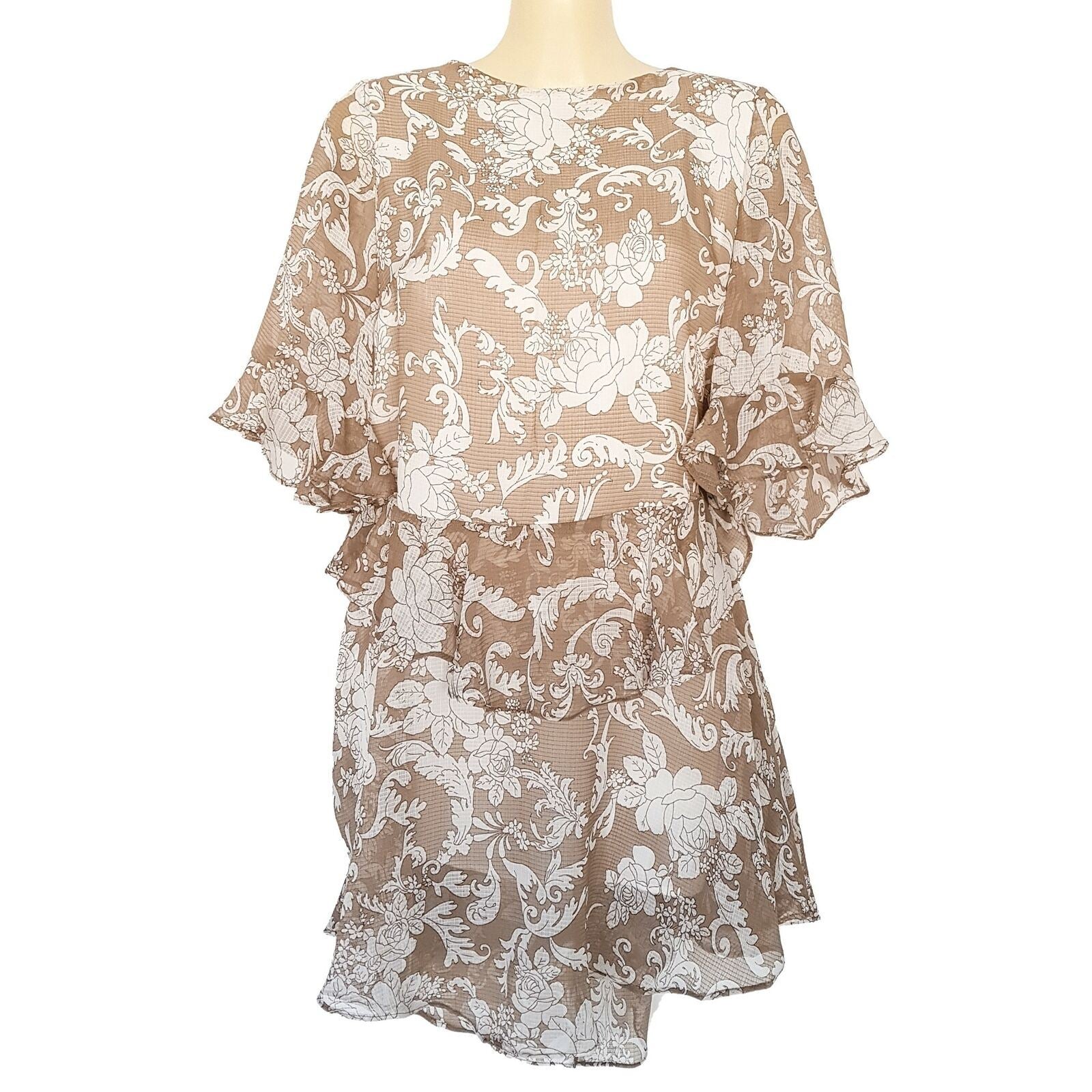 INDIKAH BY ANGEL BIBA Positano Dress Casual Brown White Floral Ruffled Women's