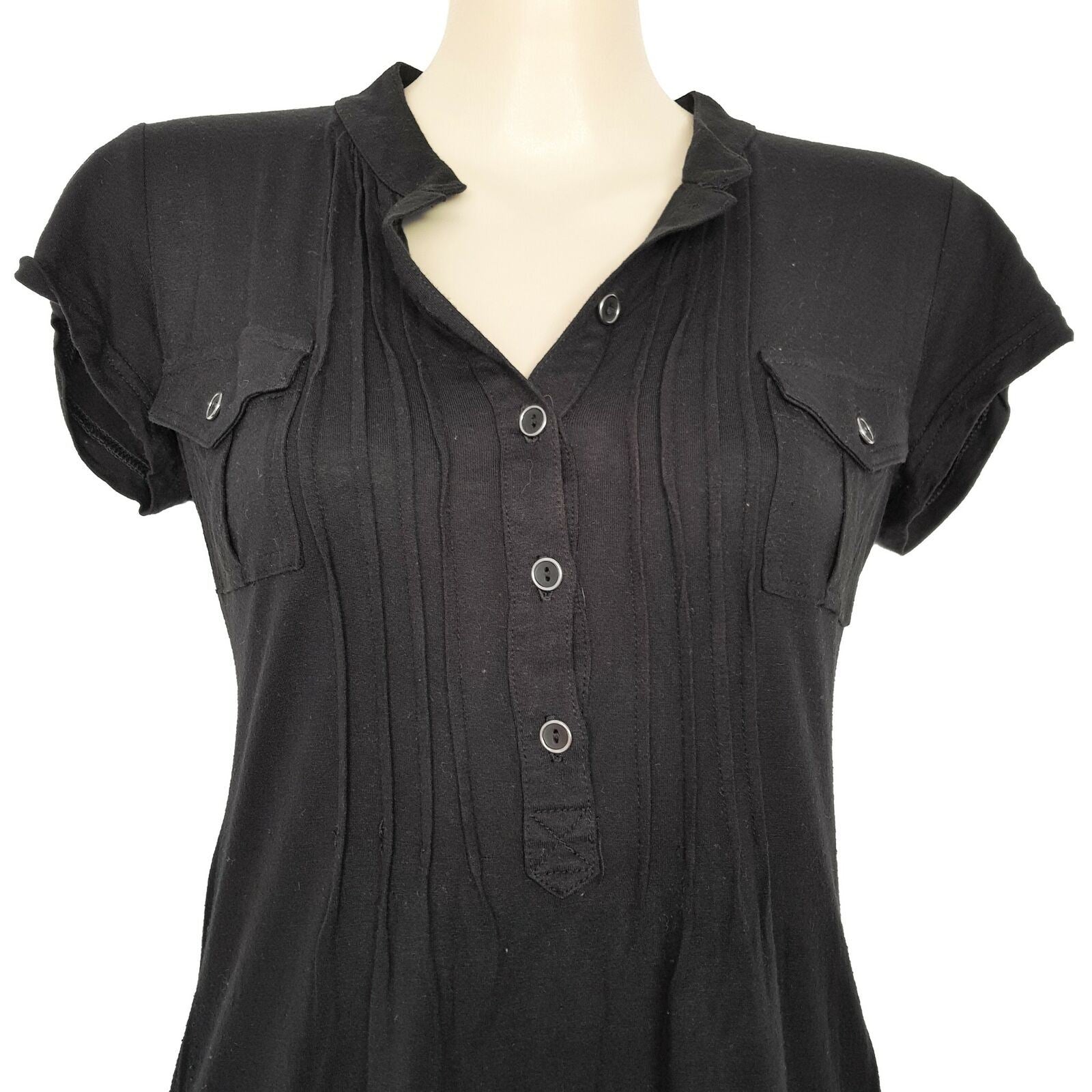 PILGRIM Casual Kira Black Knit Ladies Shirt Dress Short Sleeve Collared Neckline