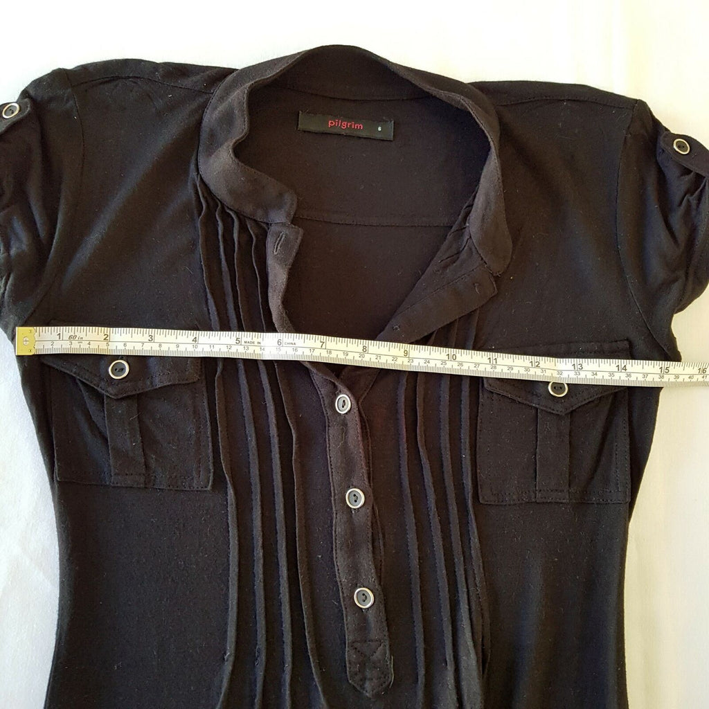 PILGRIM Casual Kira Black Knit Ladies Shirt Dress Short Sleeve Collared Neckline