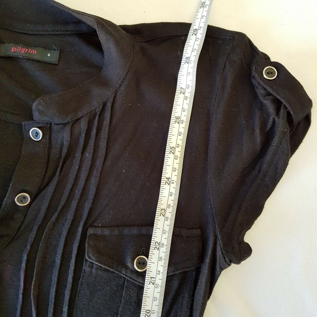 PILGRIM Casual Kira Black Knit Ladies Shirt Dress Short Sleeve Collared Neckline
