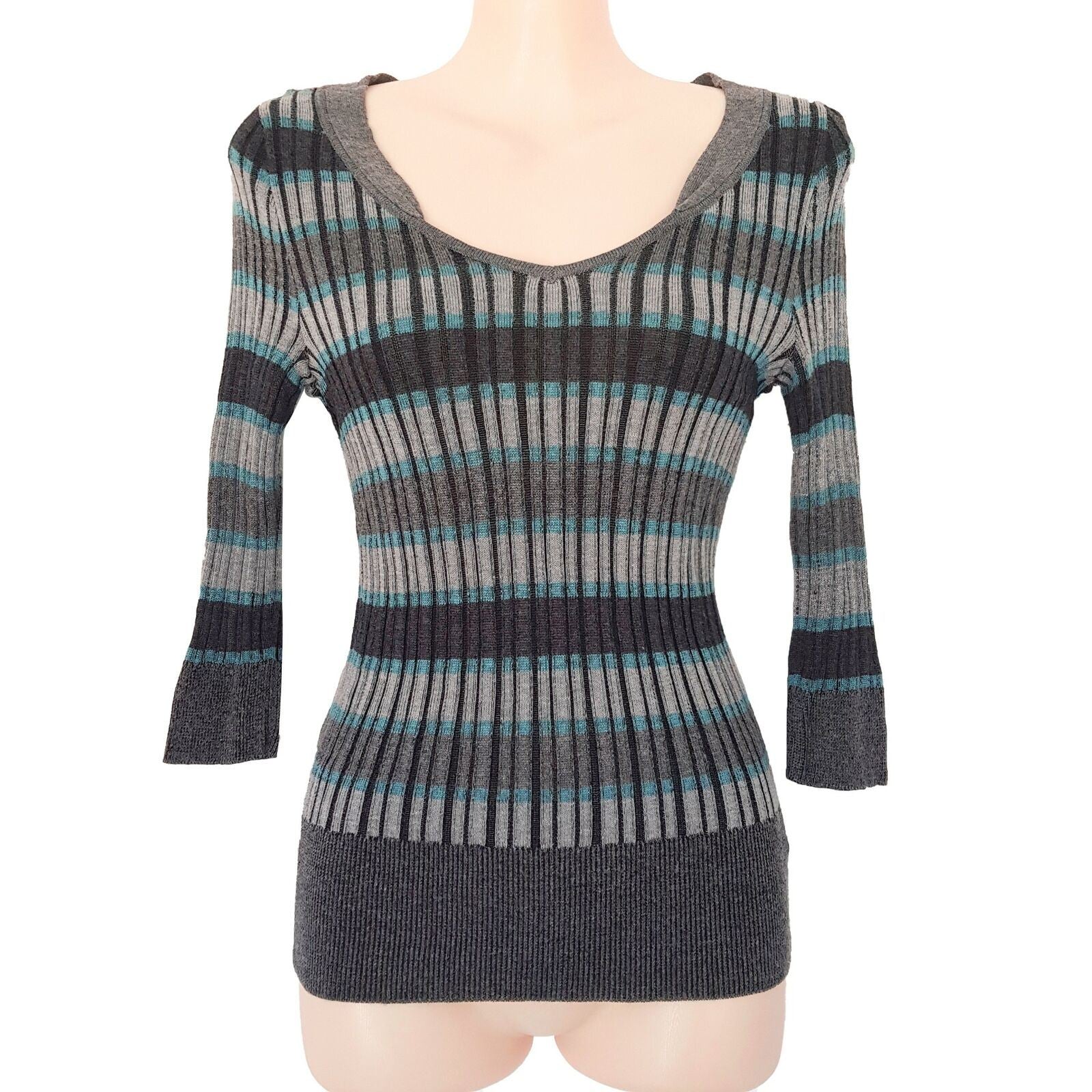 DKNY JEANS Petites Grey Black Fitted Striped 3/4 Sleeves Pullover Sweater V-Neck