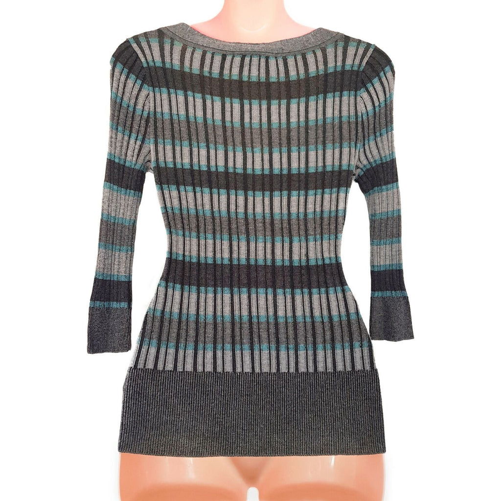DKNY JEANS Petites Grey Black Fitted Striped 3/4 Sleeves Pullover Sweater V-Neck