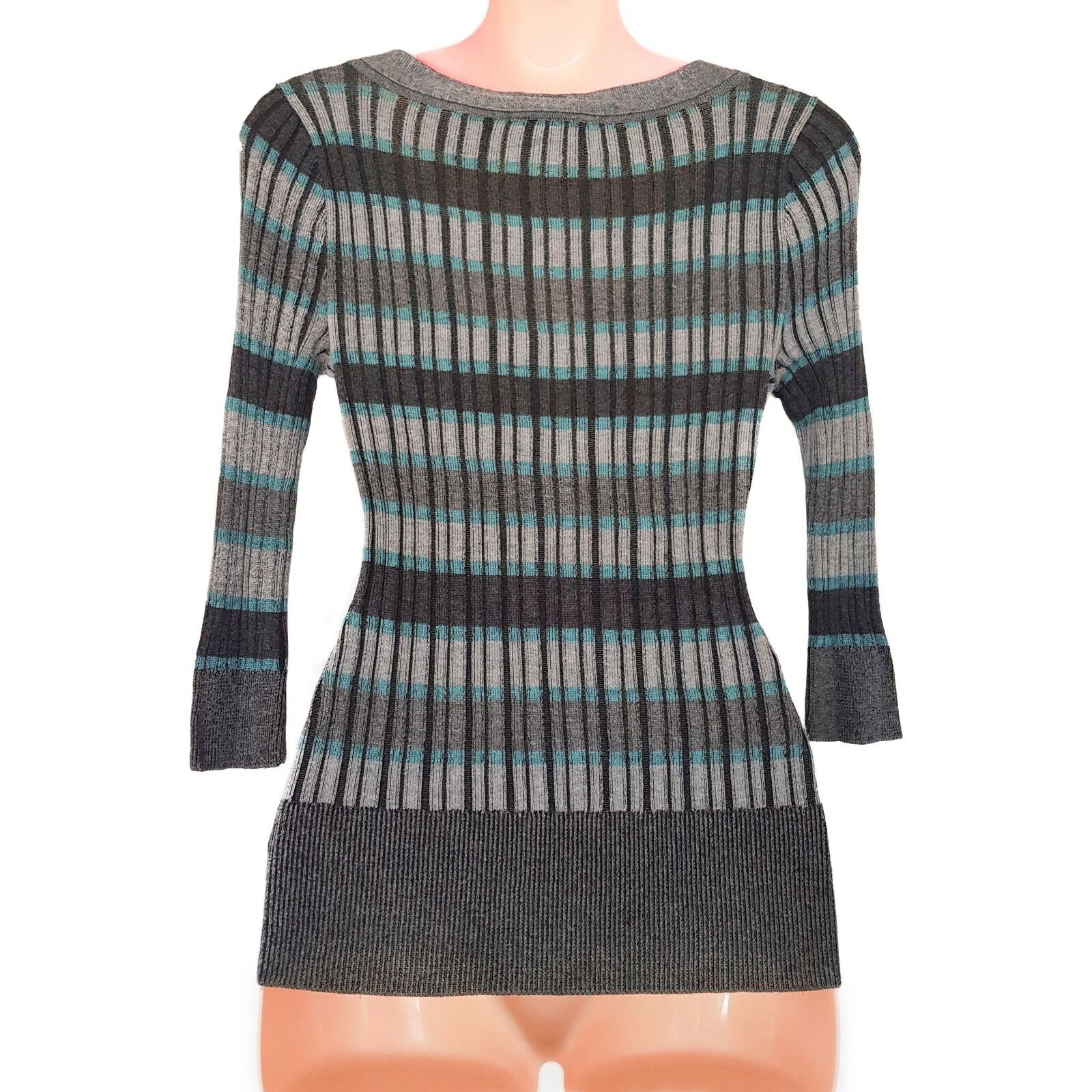 DKNY JEANS Petites Grey Black Fitted Striped 3/4 Sleeves Pullover Sweater V-Neck