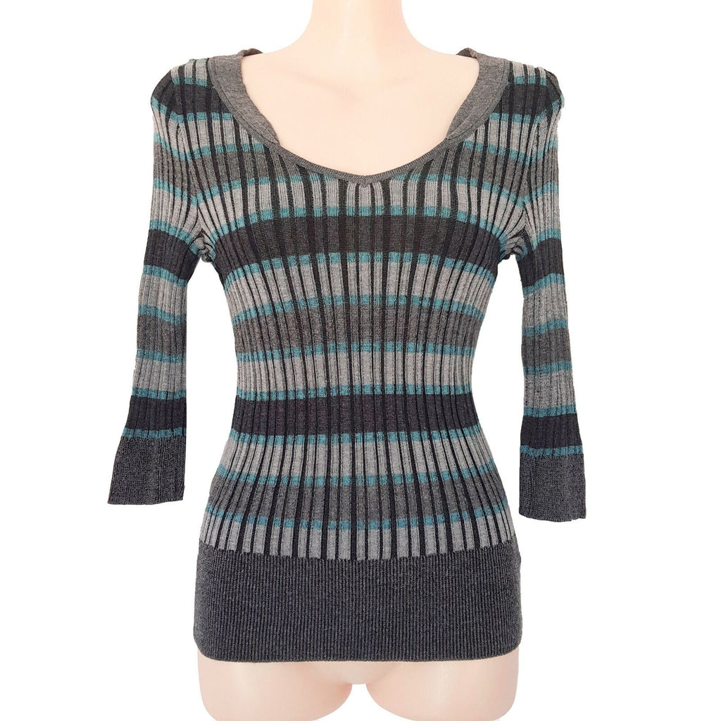DKNY JEANS Petites Grey Black Fitted Striped 3/4 Sleeves Pullover Sweater V-Neck