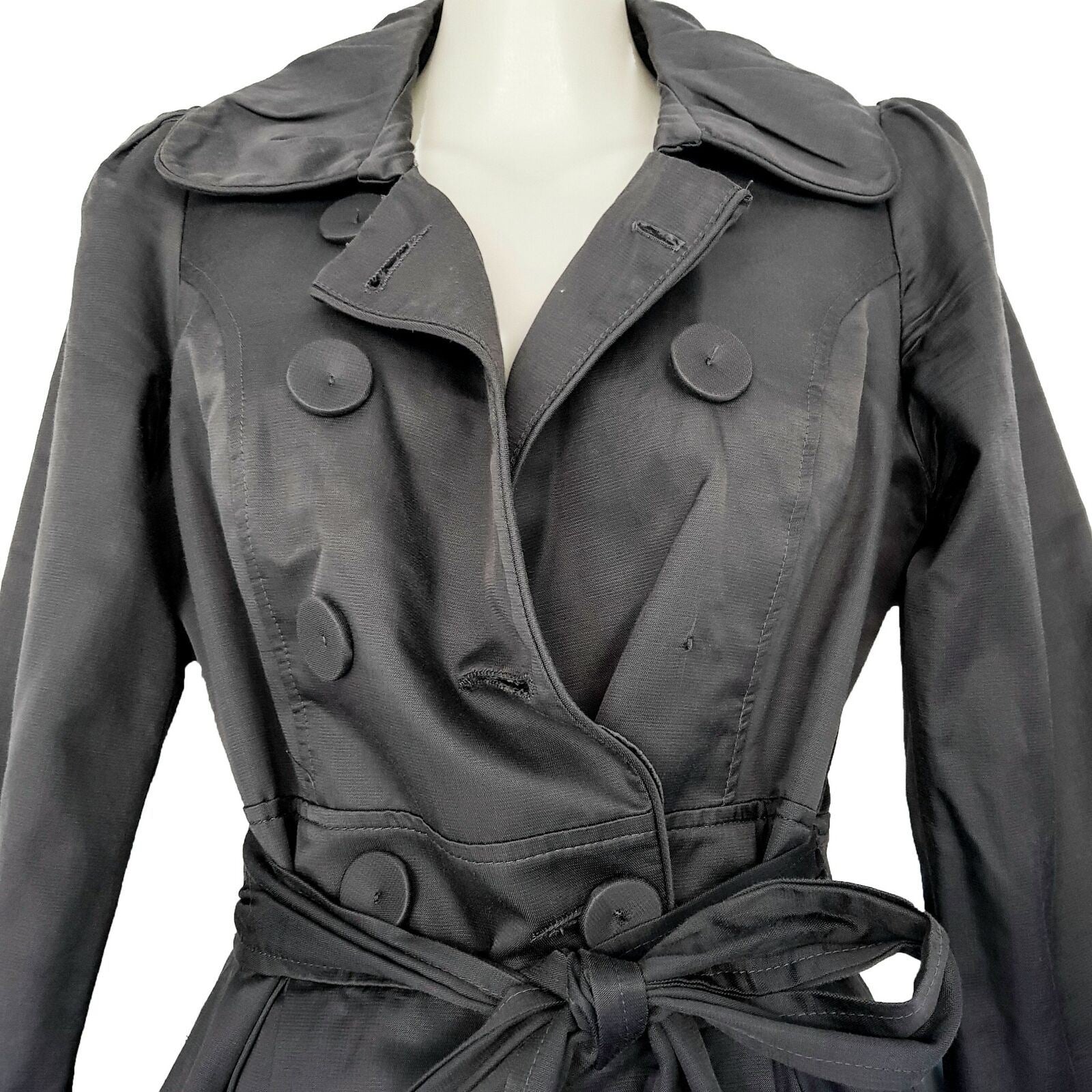 REVIEW Women's Grey Button Belted Designer Trench Coat Double-Breasted Jacket