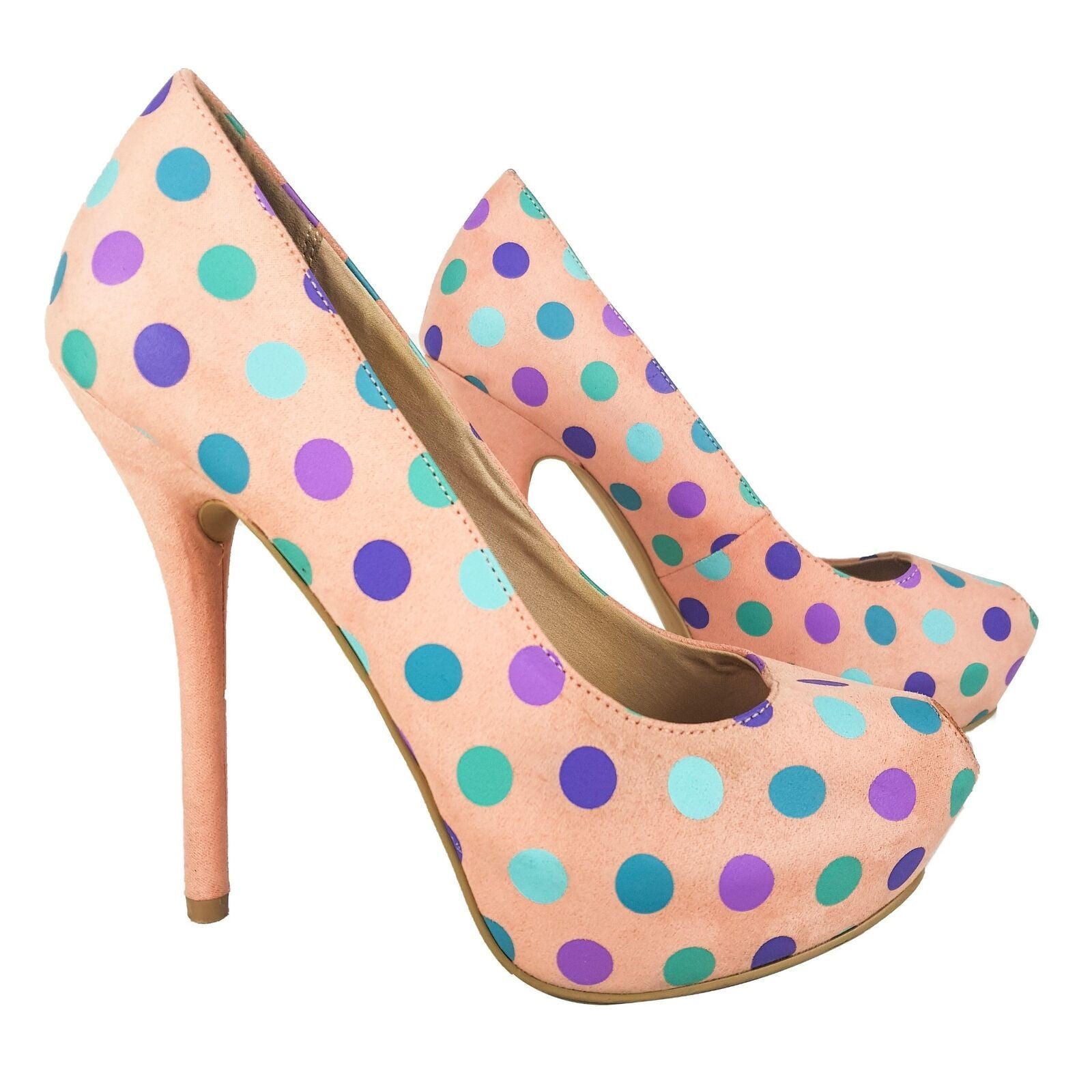 BERSHKA Peach Polka Dots Women's Peep Toes Stilettos Pump Heels Shoes Size 37