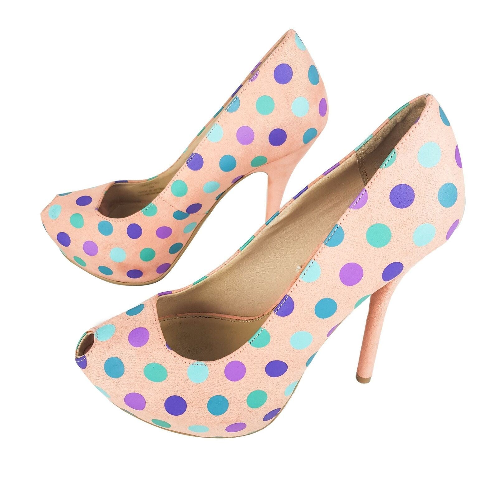 BERSHKA Peach Polka Dots Women's Peep Toes Stilettos Pump Heels Shoes Size 37