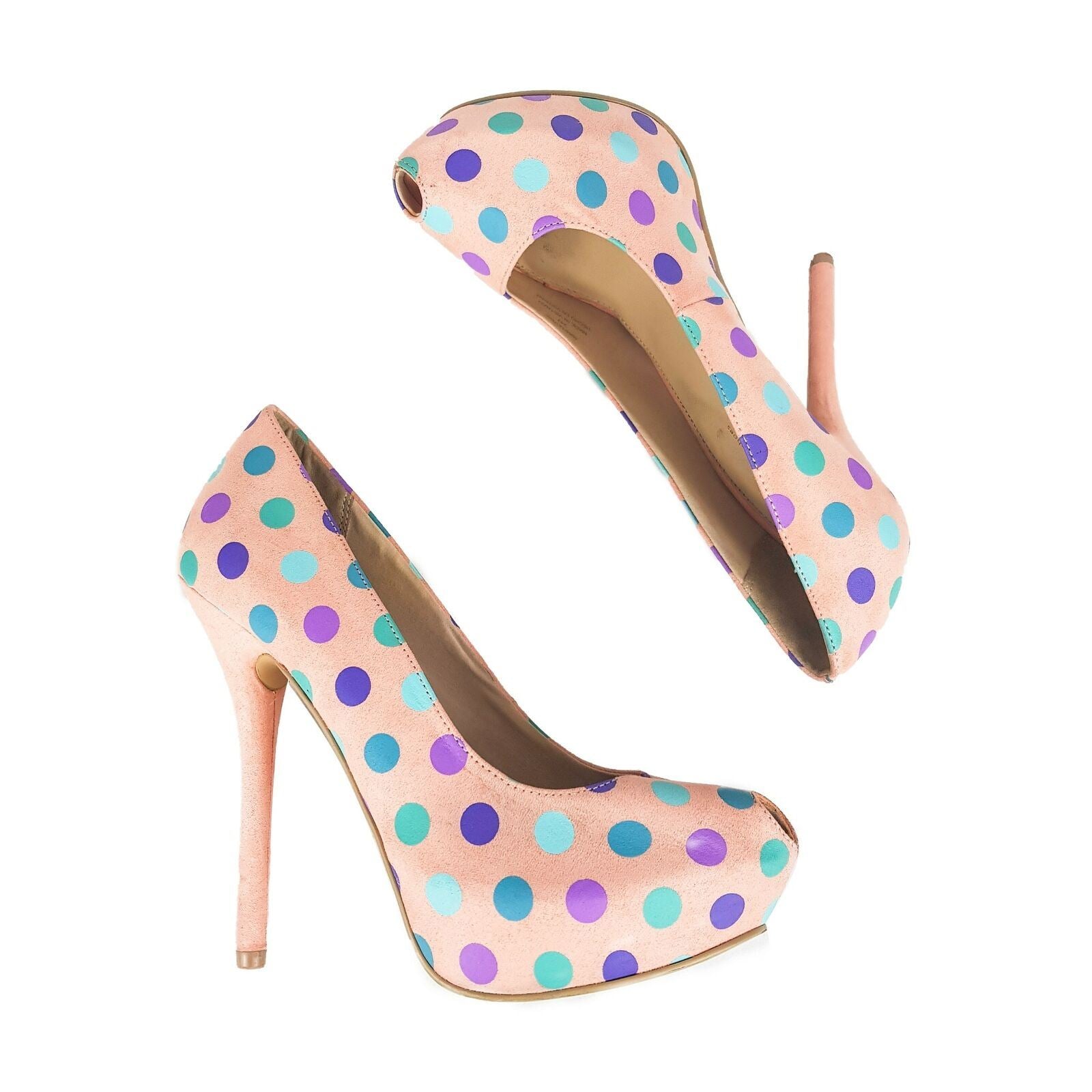 BERSHKA Peach Polka Dots Women's Peep Toes Stilettos Pump Heels Shoes Size 37