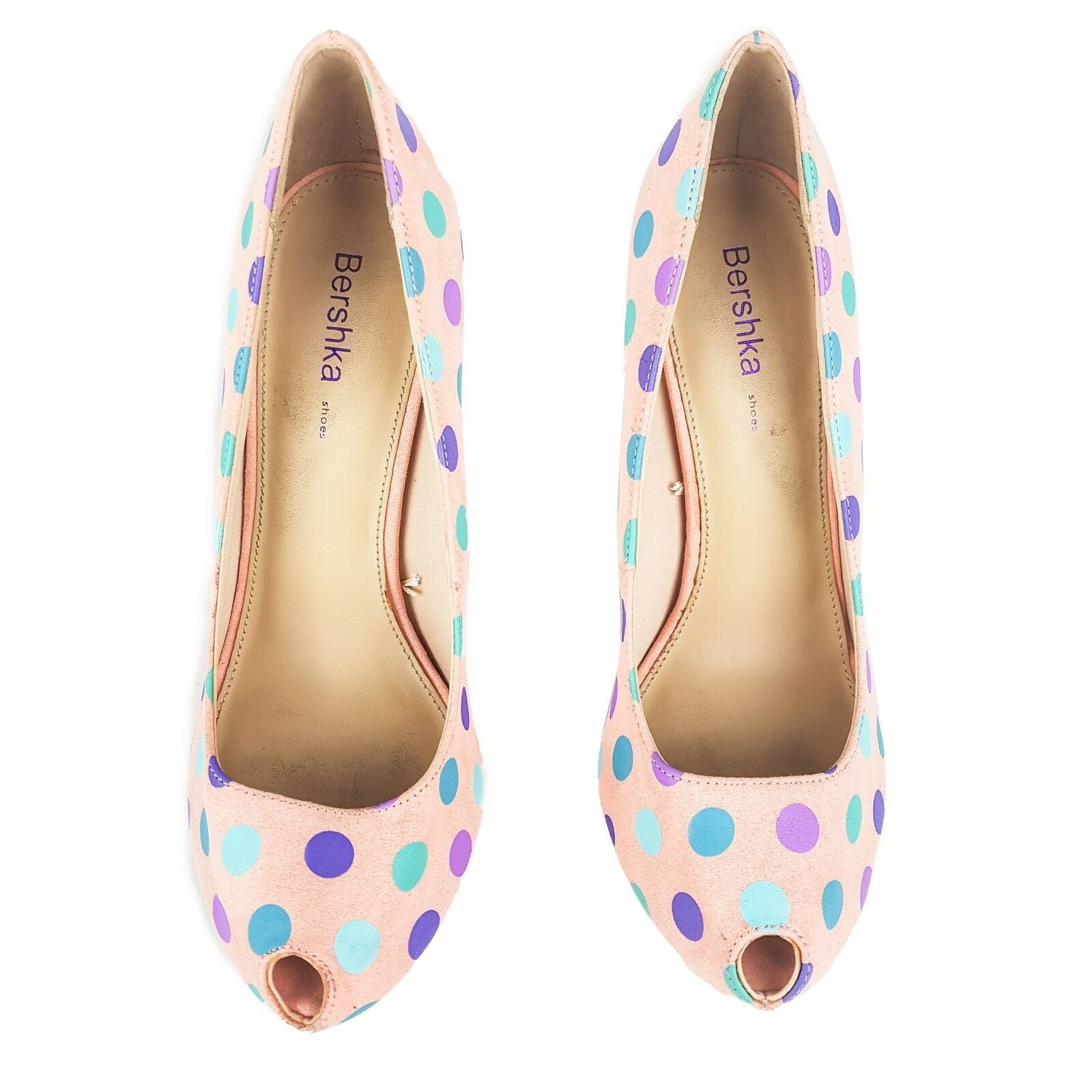 BERSHKA Peach Polka Dots Women's Peep Toes Stilettos Pump Heels Shoes Size 37