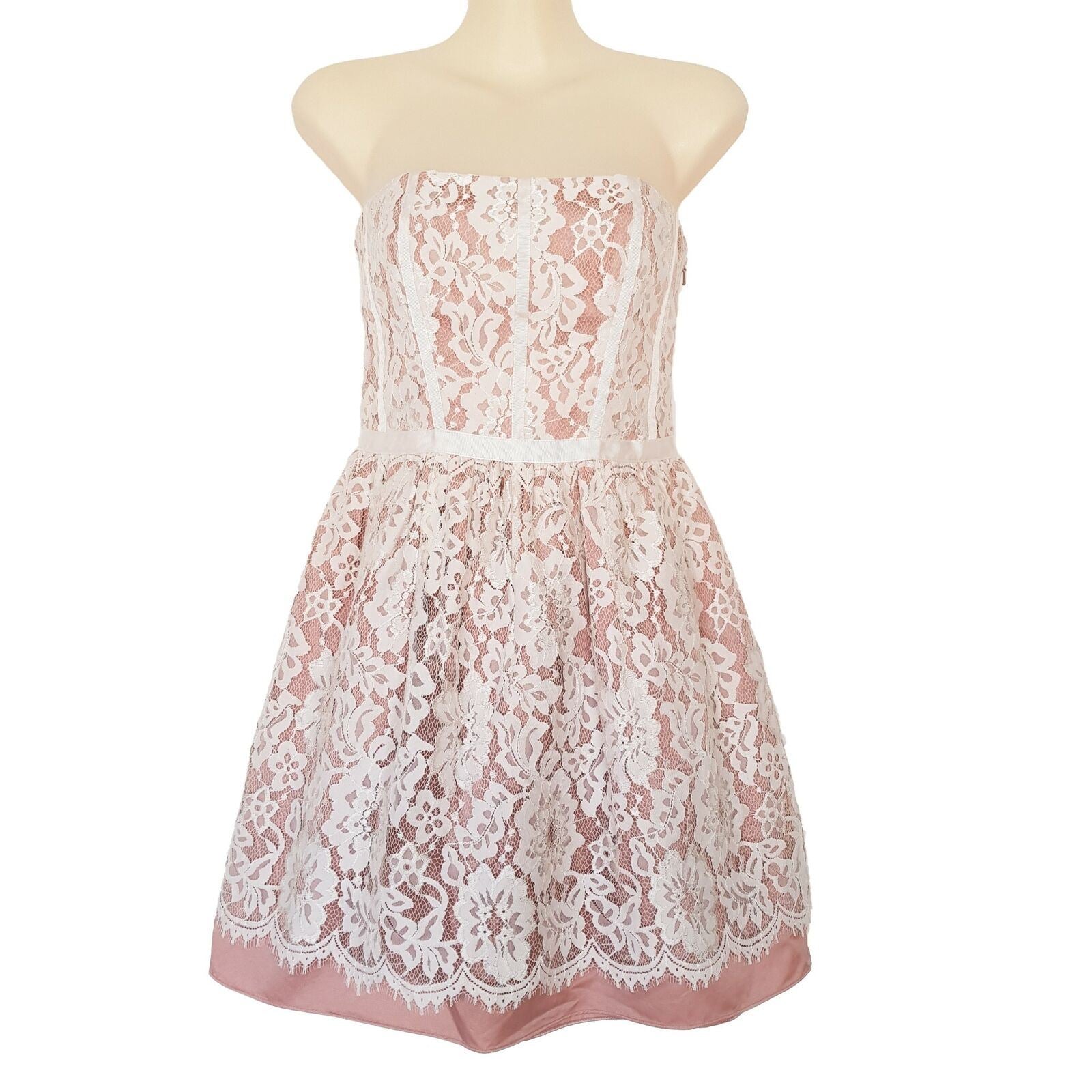 FOREVER NEW White Pink Lace Ladies Strapless Cocktail Dress Straight Across Neck