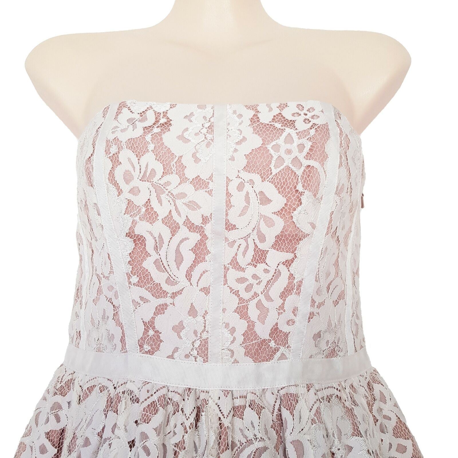 FOREVER NEW White Pink Lace Ladies Strapless Cocktail Dress Straight Across Neck