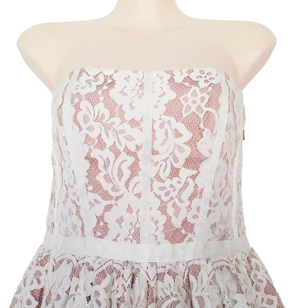 FOREVER NEW White Pink Lace Ladies Strapless Cocktail Dress Straight Across Neck