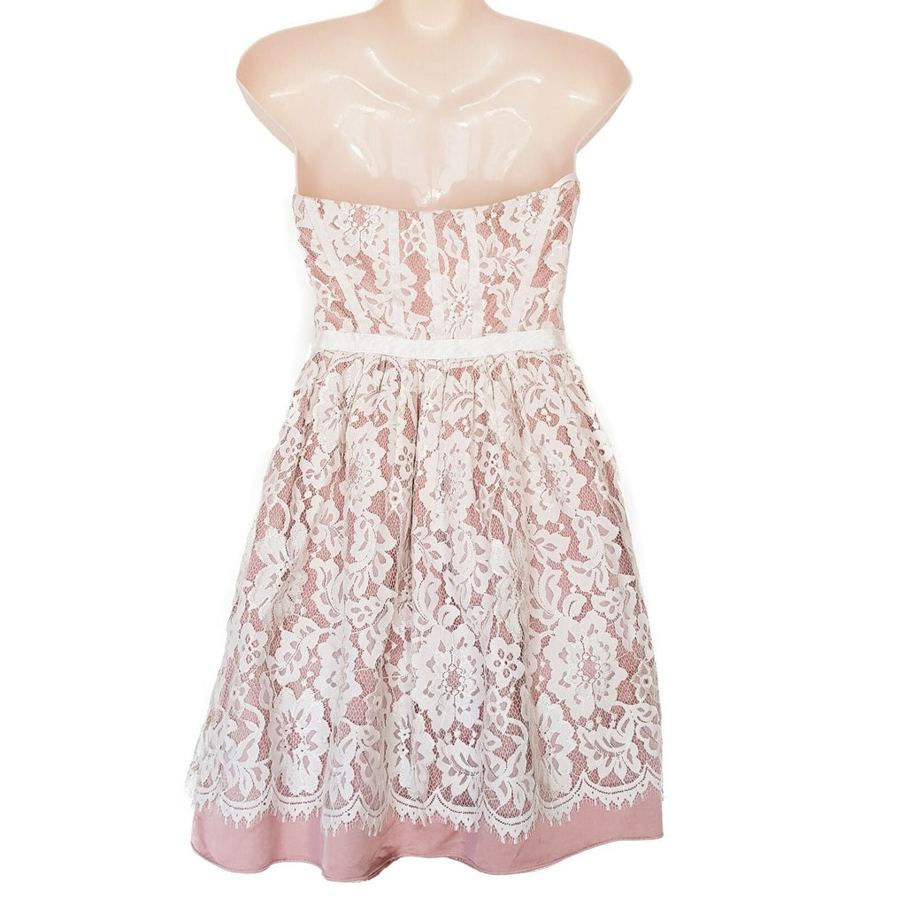 FOREVER NEW White Pink Lace Ladies Strapless Cocktail Dress Straight Across Neck