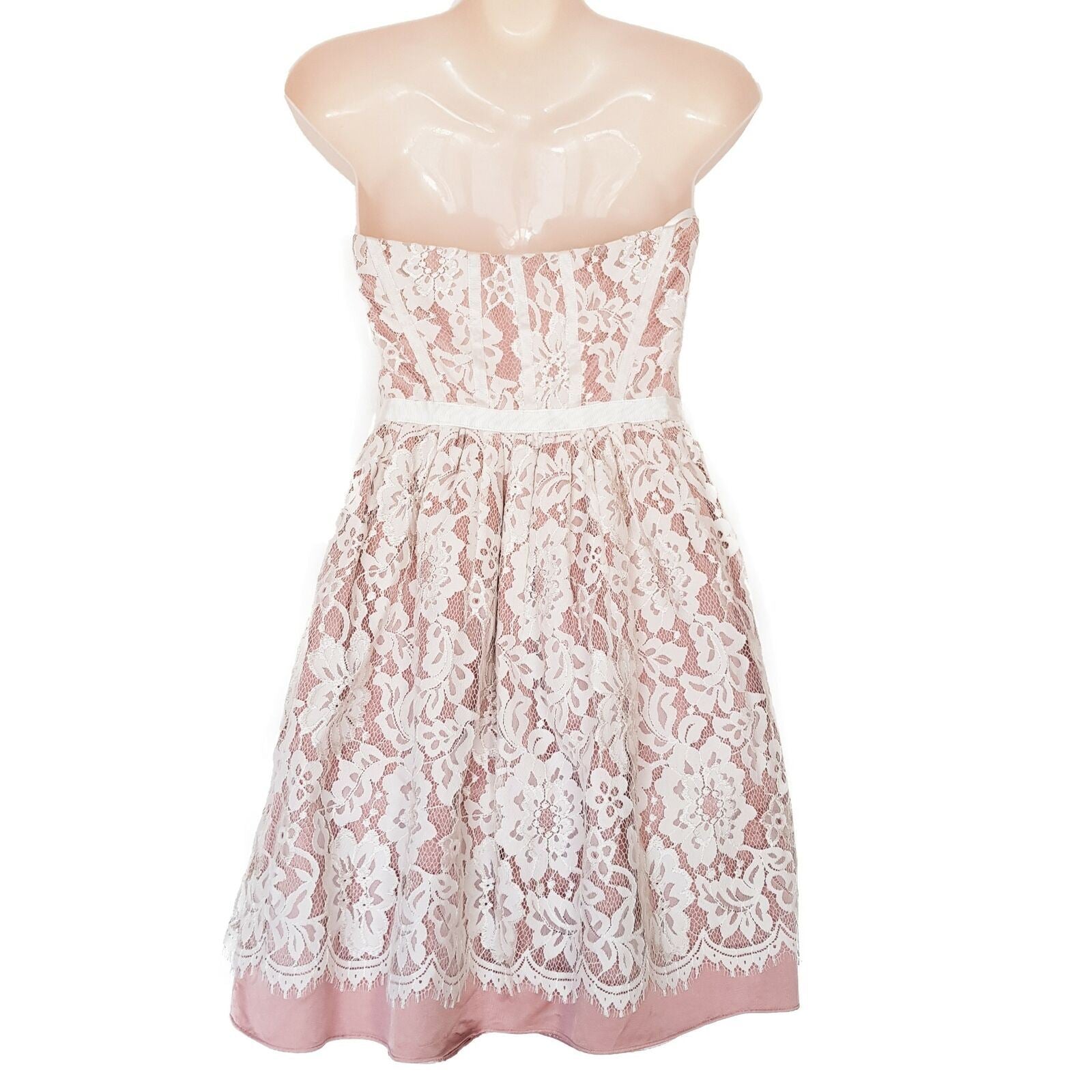 FOREVER NEW White Pink Lace Ladies Strapless Cocktail Dress Straight Across Neck