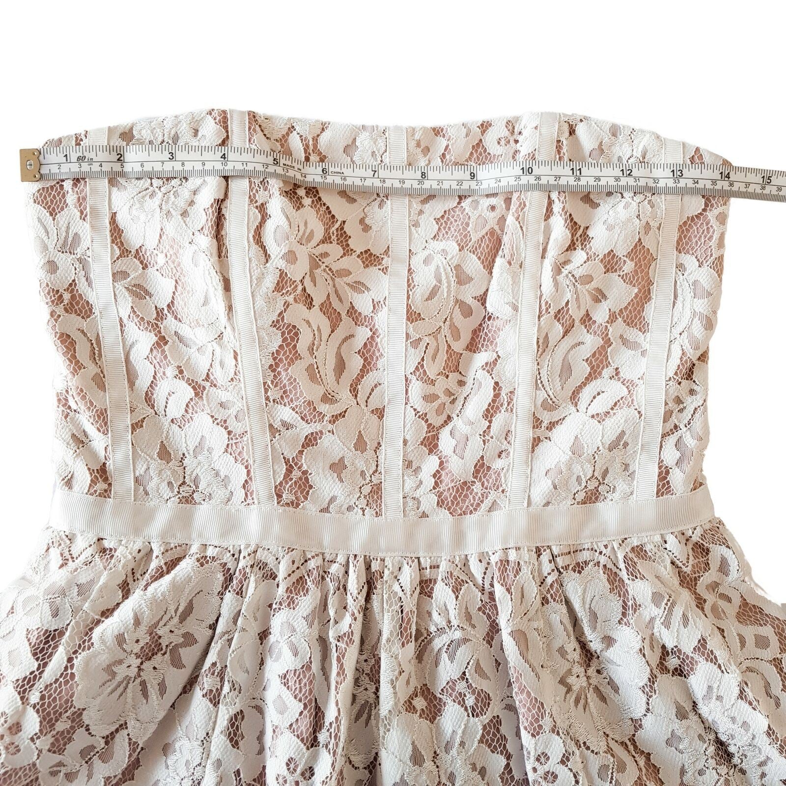 FOREVER NEW White Pink Lace Ladies Strapless Cocktail Dress Straight Across Neck
