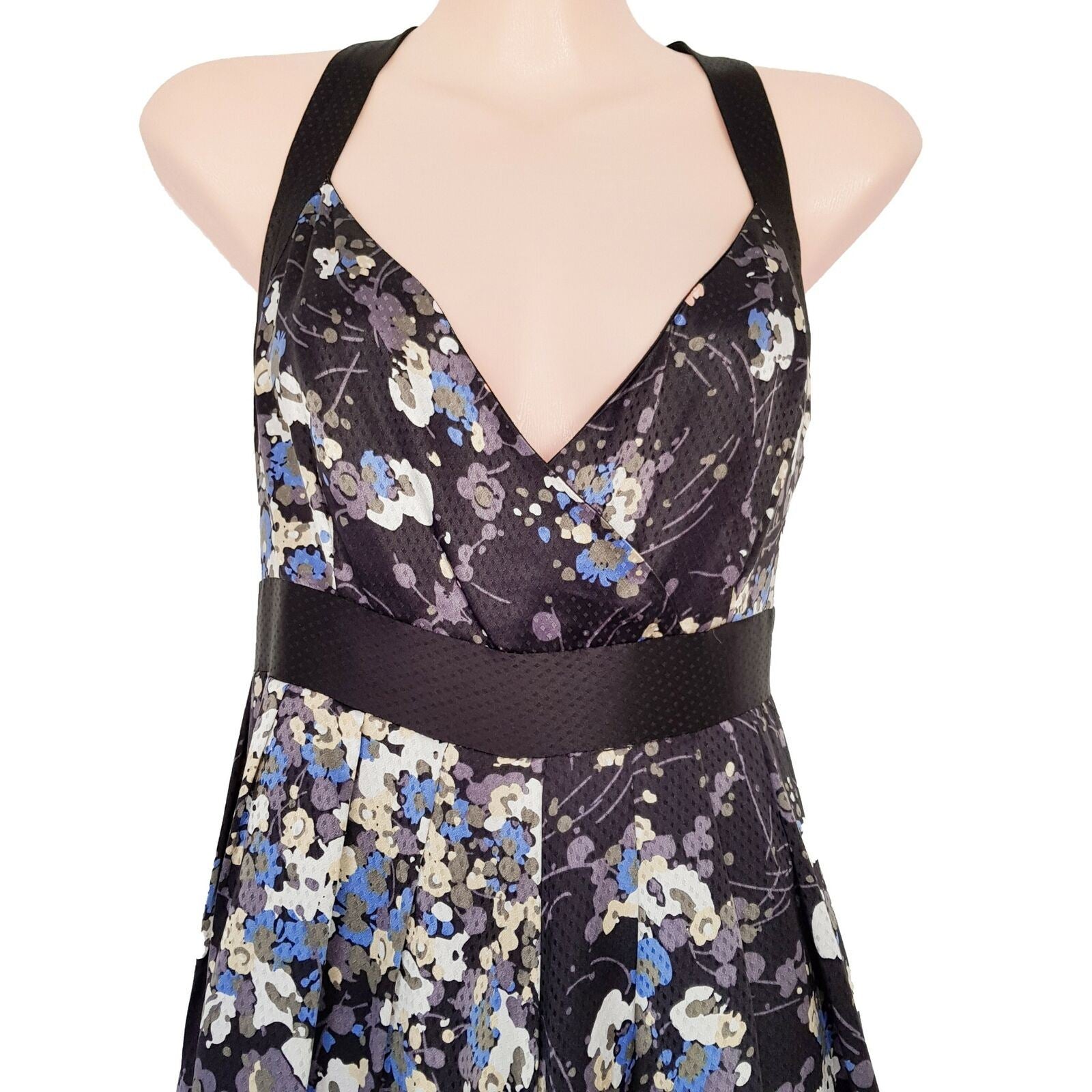 TED BAKER LONDON Black Sleeveless Floral Women's A-Line Dress Criss Cross Back