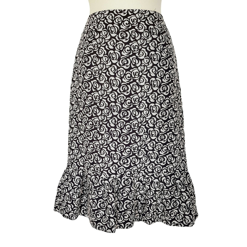 BASQUE Black White Floral Ruffle Hem Women's Pencil Skirt Zipper Fly Size 8 BNWT