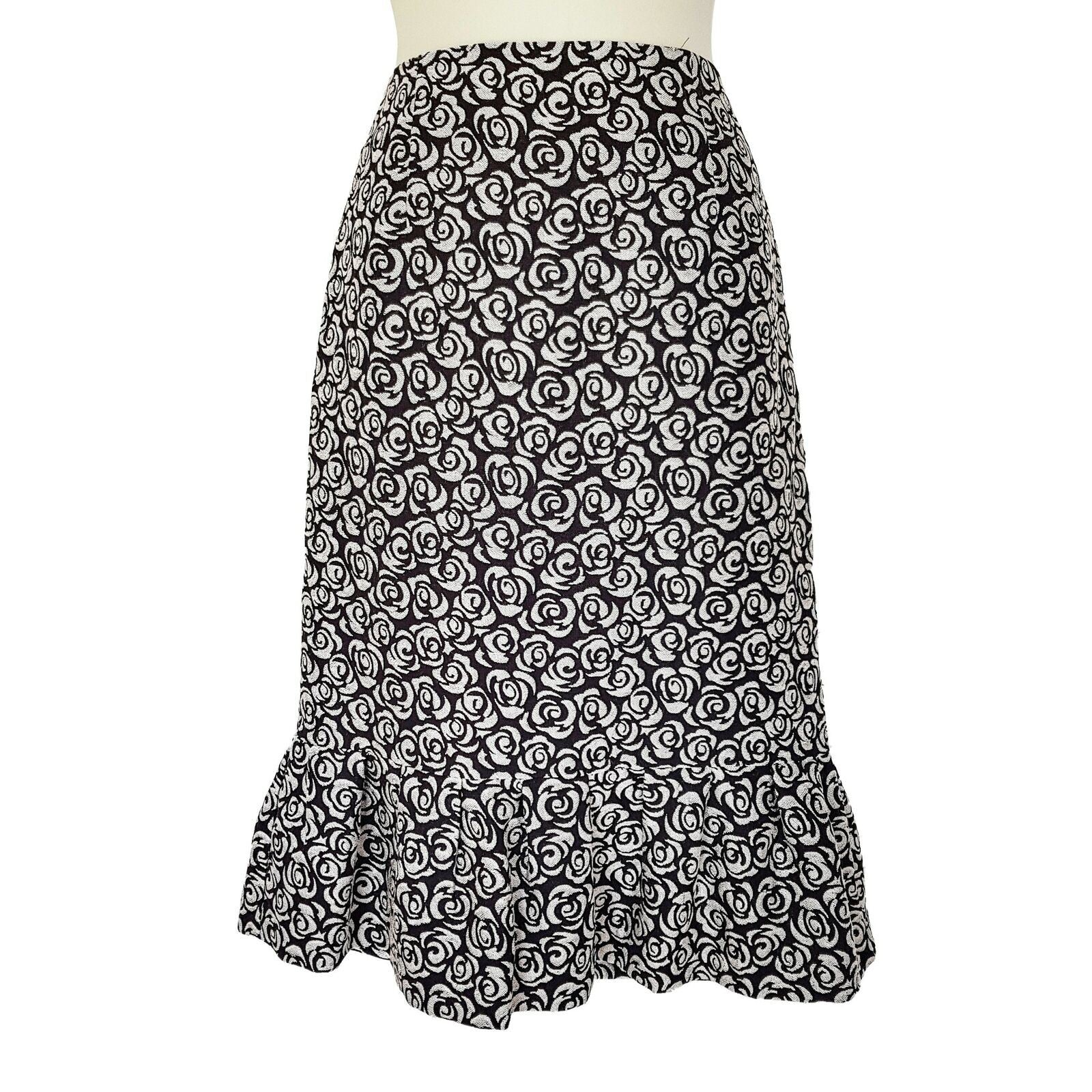 BASQUE Black White Floral Ruffle Hem Women's Pencil Skirt Zipper Fly Size 8 BNWT