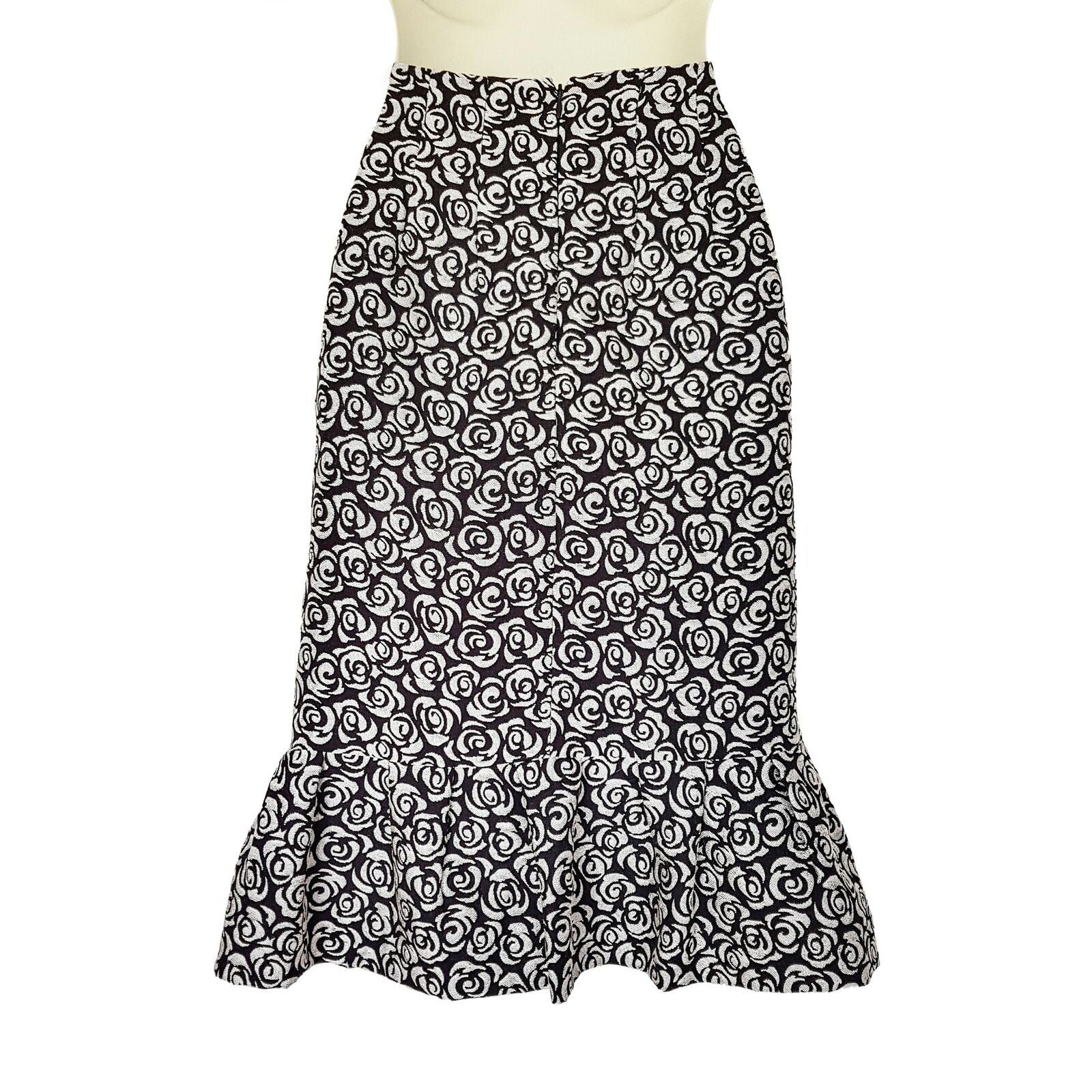 BASQUE Black White Floral Ruffle Hem Women's Pencil Skirt Zipper Fly Size 8 BNWT