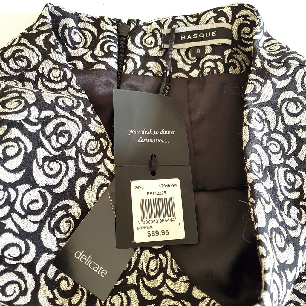 BASQUE Black White Floral Ruffle Hem Women's Pencil Skirt Zipper Fly Size 8 BNWT