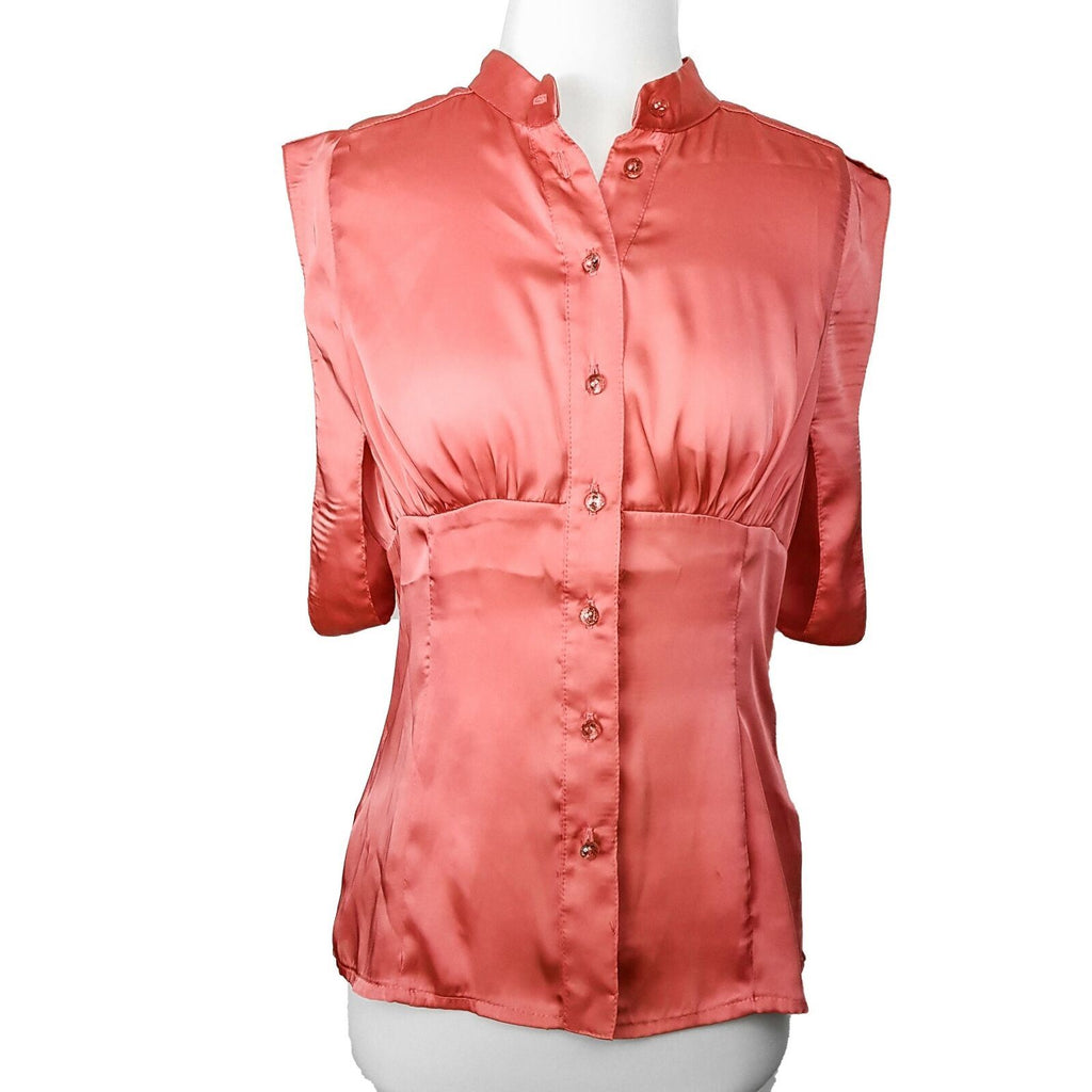 BNWT REVIEW Yoko Obi Coral Pink Satin Women's Button Down Sleeveless Blouse Top