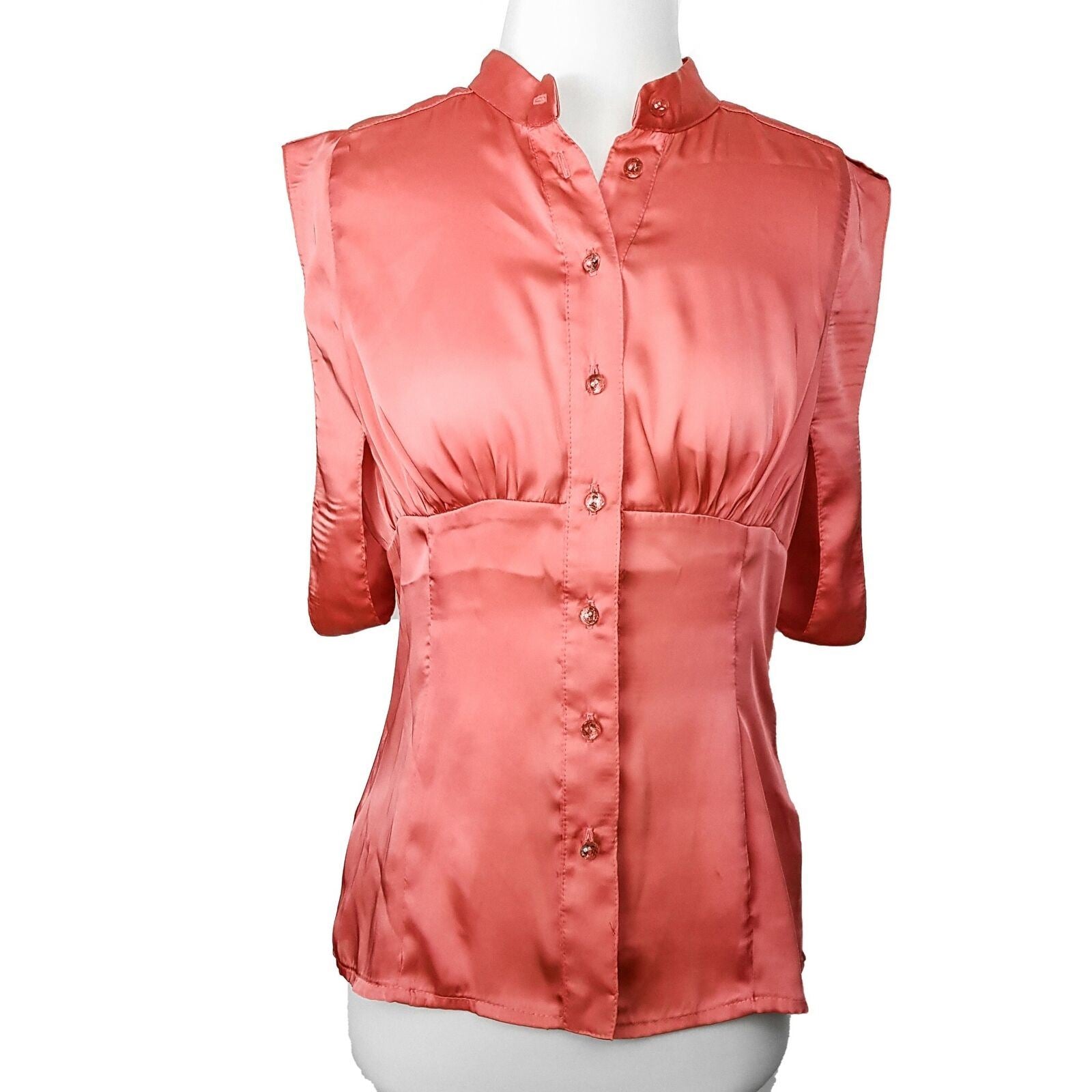 BNWT REVIEW Yoko Obi Coral Pink Satin Women's Button Down Sleeveless Blouse Top