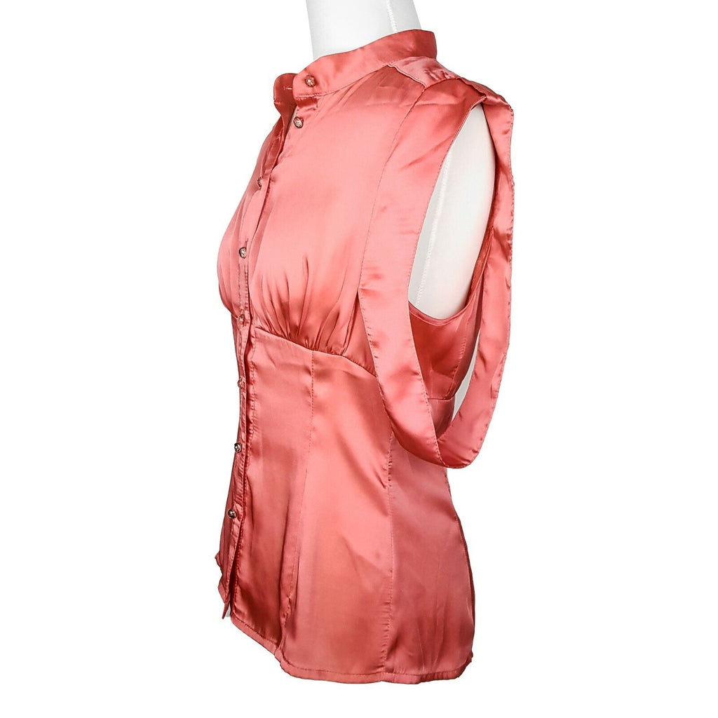 BNWT REVIEW Yoko Obi Coral Pink Satin Women's Button Down Sleeveless Blouse Top