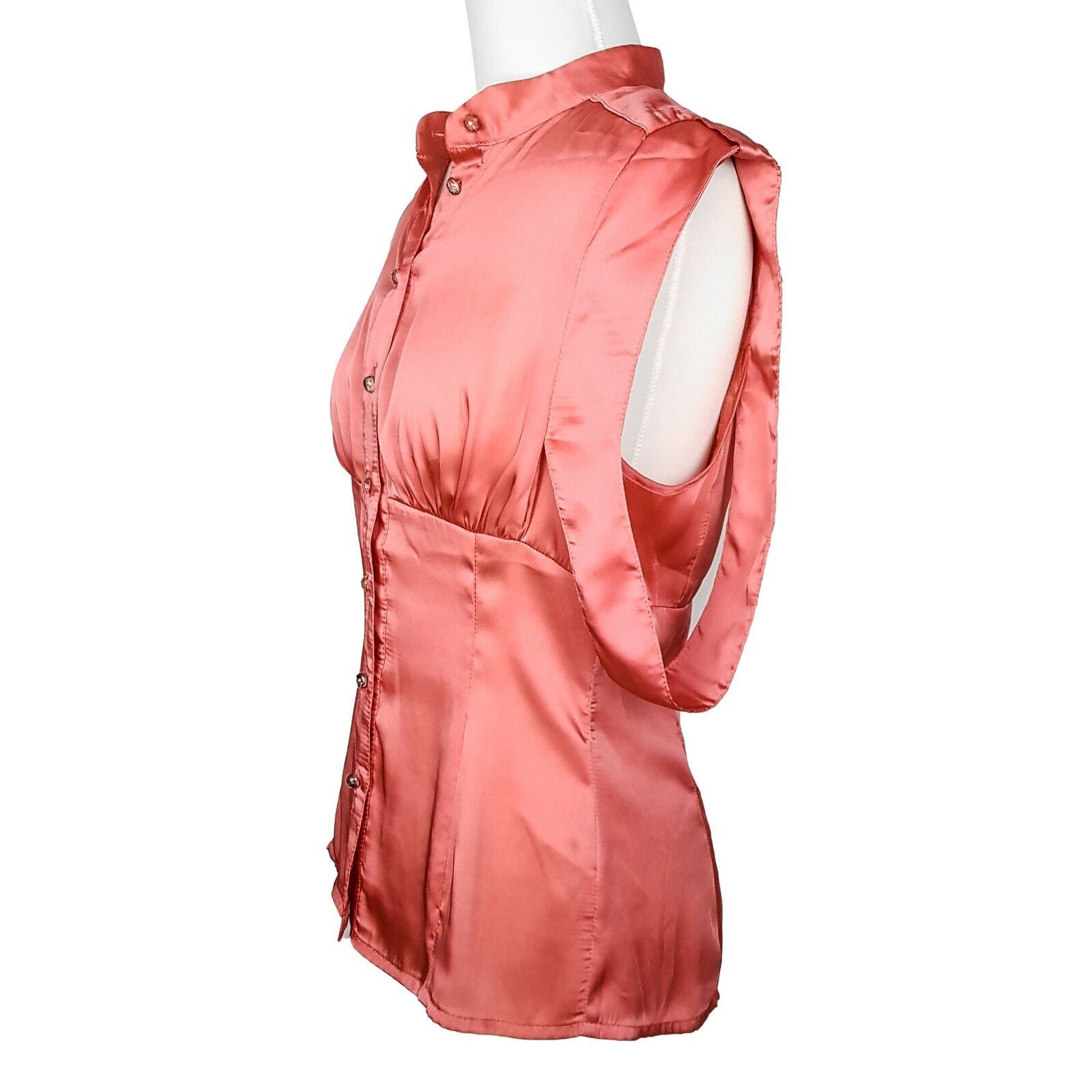 BNWT REVIEW Yoko Obi Coral Pink Satin Women's Button Down Sleeveless Blouse Top