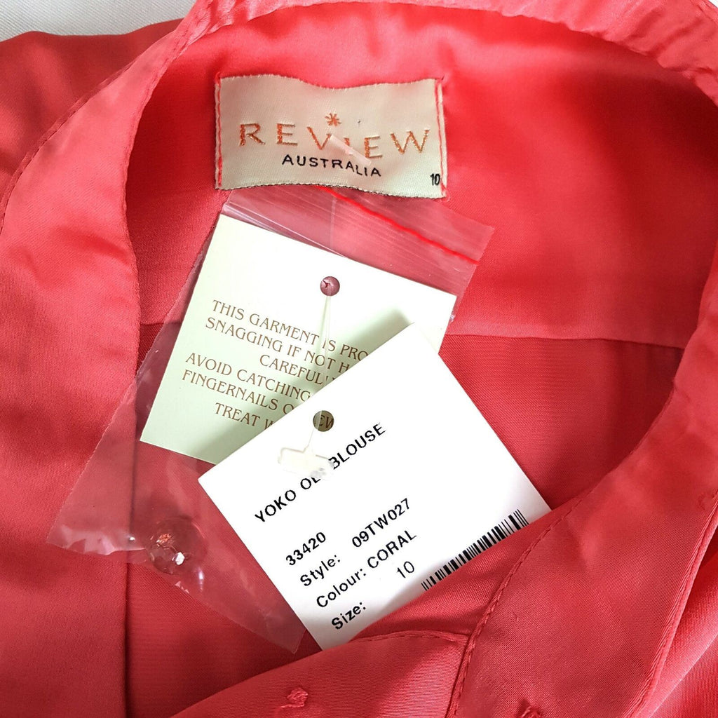 BNWT REVIEW Yoko Obi Coral Pink Satin Women's Button Down Sleeveless Blouse Top