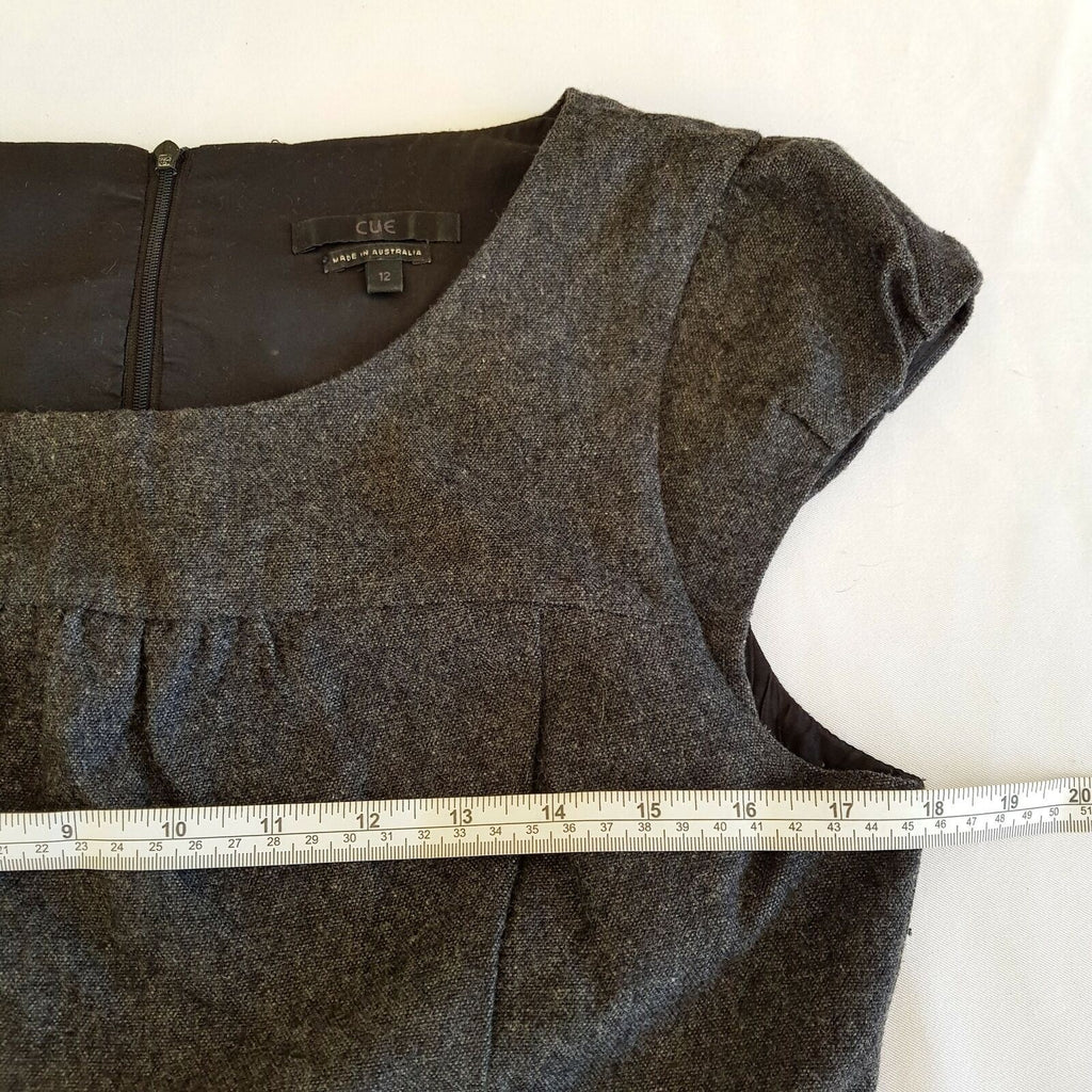 CUE Dark Grey Wool Blend Women's Sheath Workwear Dress Boat Neck Zip Fly Size 12
