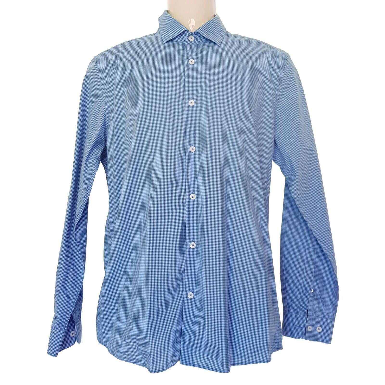 MARCS Formal Blue White Checkered Button Down Men's Collared Dress Shirt Slim M