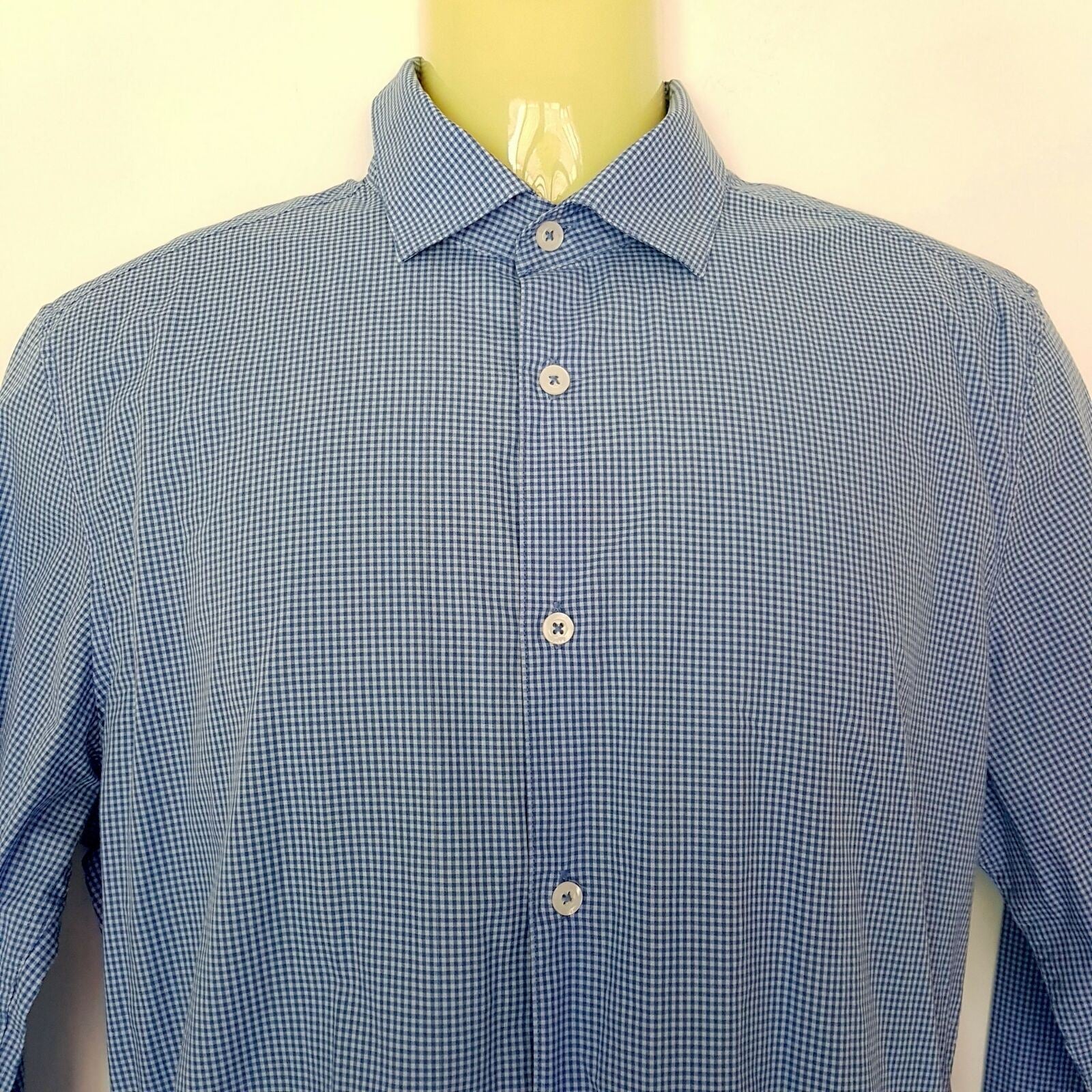 MARCS Formal Blue White Checkered Button Down Men's Collared Dress Shirt Slim M