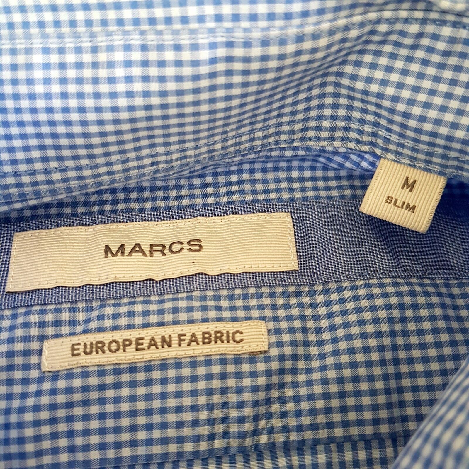 MARCS Formal Blue White Checkered Button Down Men's Collared Dress Shirt Slim M