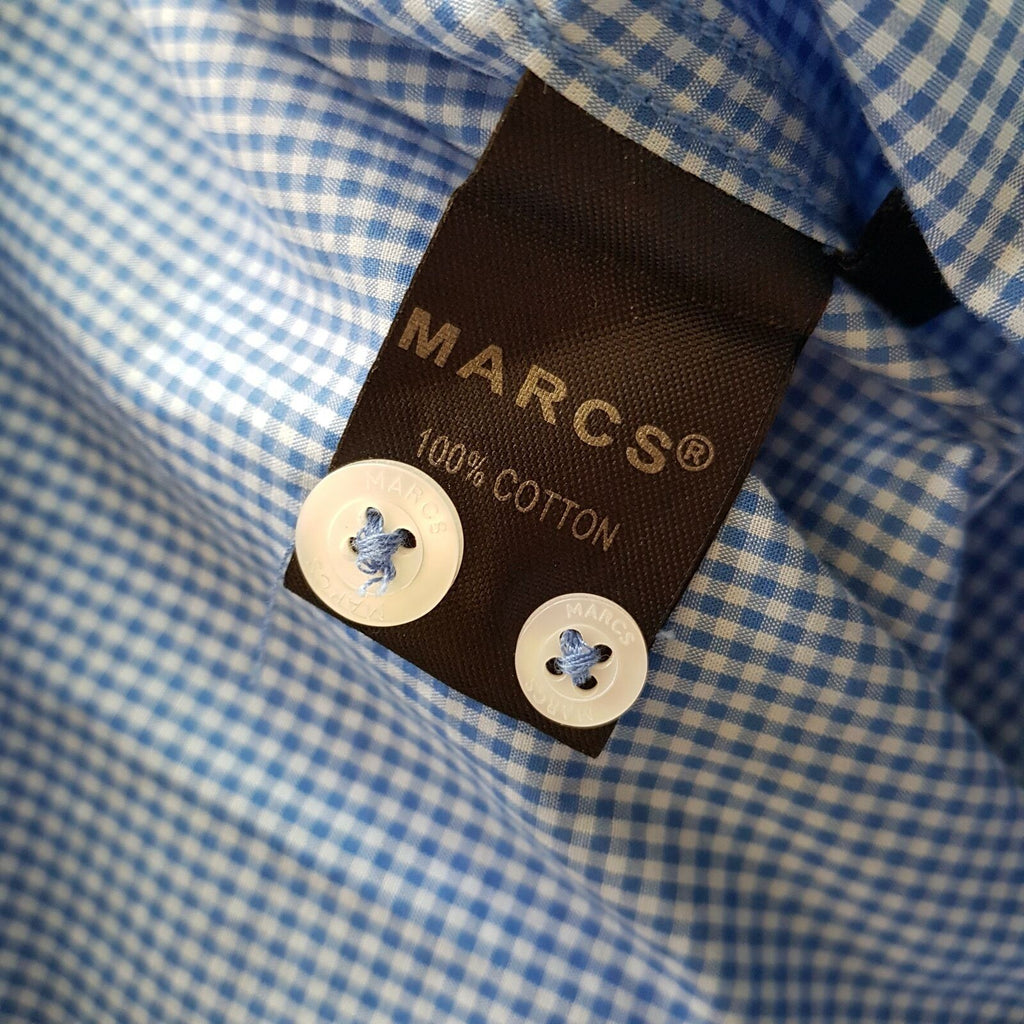 MARCS Formal Blue White Checkered Button Down Men's Collared Dress Shirt Slim M