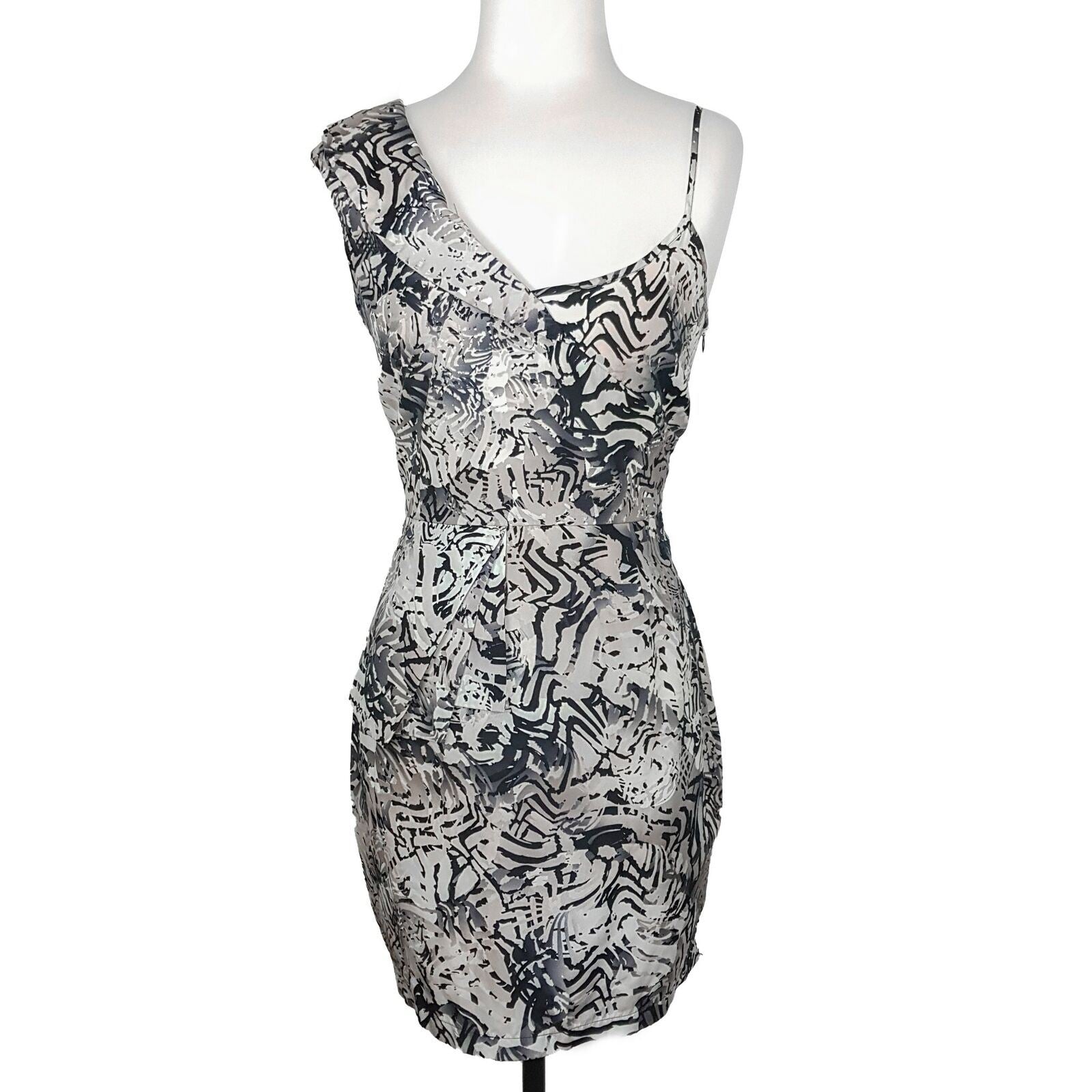 DOTTI Beige Black Abstract Asymmetrical Sleeve Women's Bodycon Peplum Dress Sz 8
