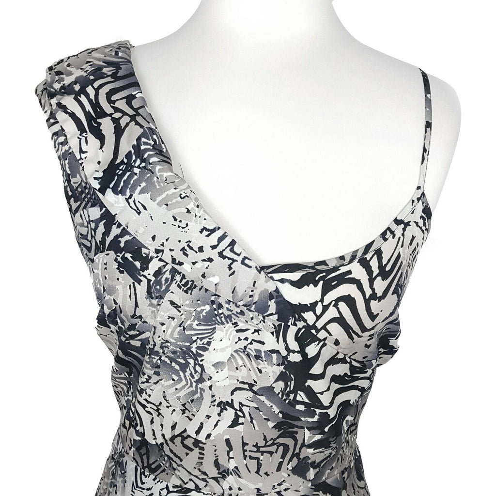 DOTTI Beige Black Abstract Asymmetrical Sleeve Women's Bodycon Peplum Dress Sz 8