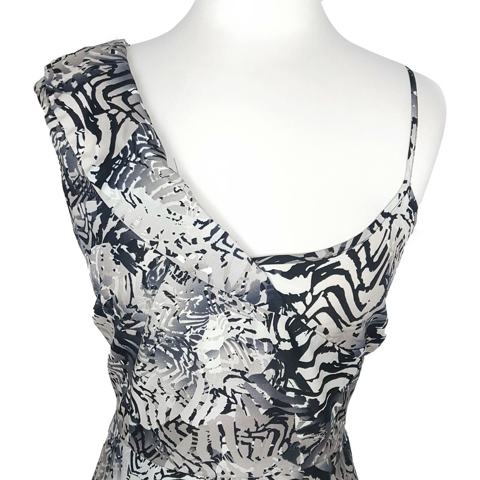 DOTTI Beige Black Abstract Asymmetrical Sleeve Women's Bodycon Peplum Dress Sz 8