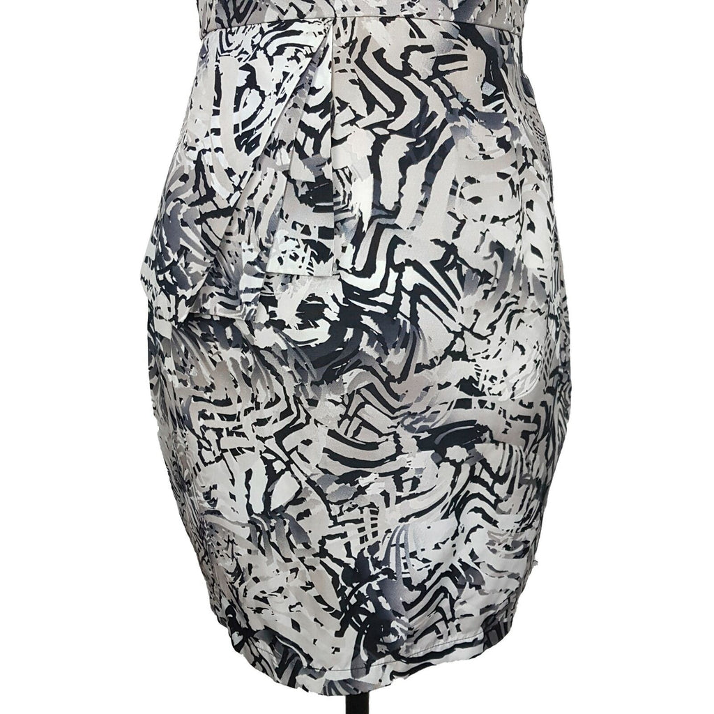 DOTTI Beige Black Abstract Asymmetrical Sleeve Women's Bodycon Peplum Dress Sz 8