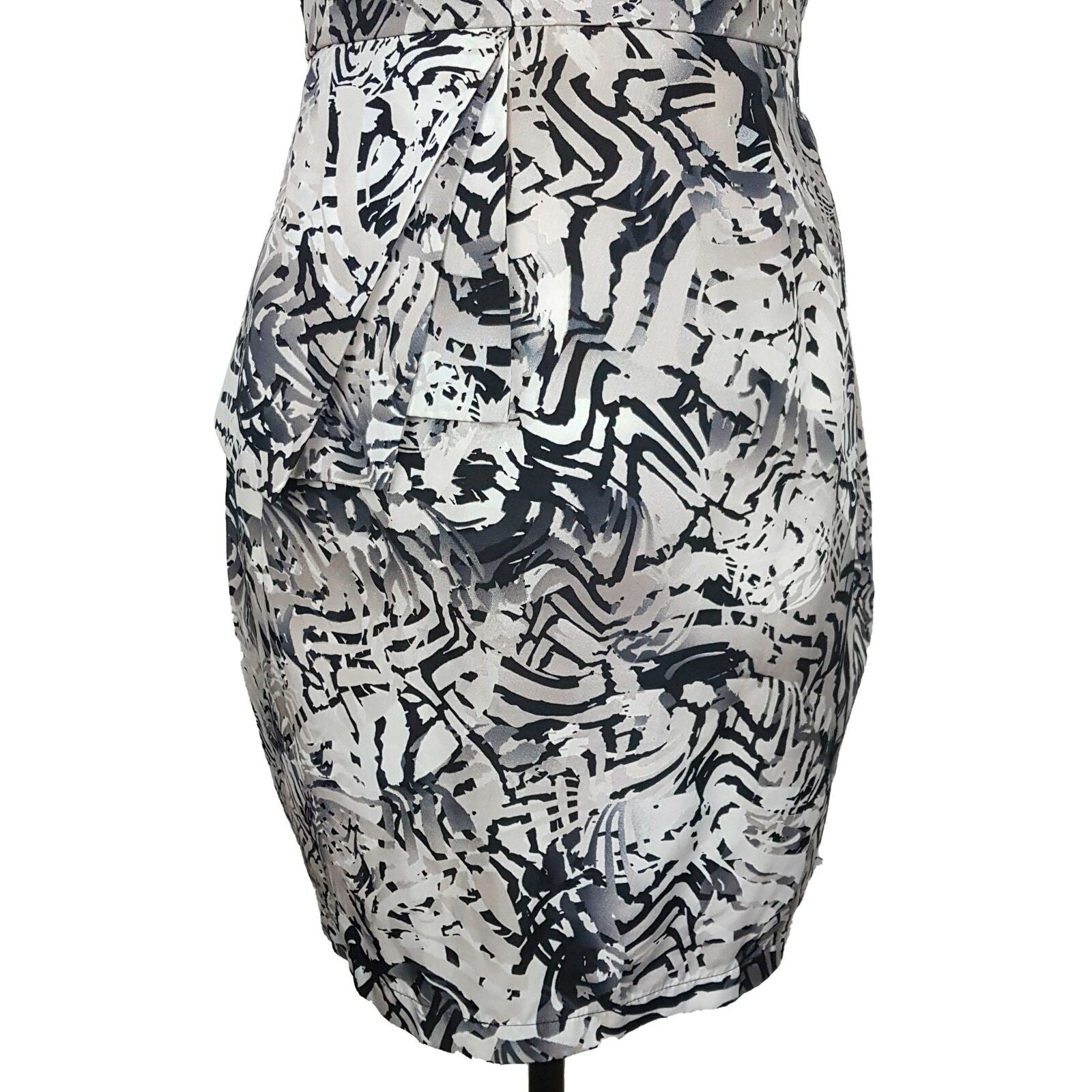 DOTTI Beige Black Abstract Asymmetrical Sleeve Women's Bodycon Peplum Dress Sz 8
