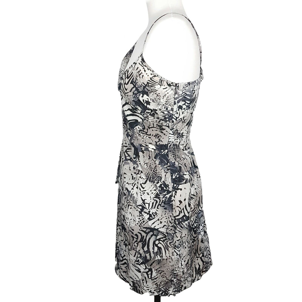 DOTTI Beige Black Abstract Asymmetrical Sleeve Women's Bodycon Peplum Dress Sz 8