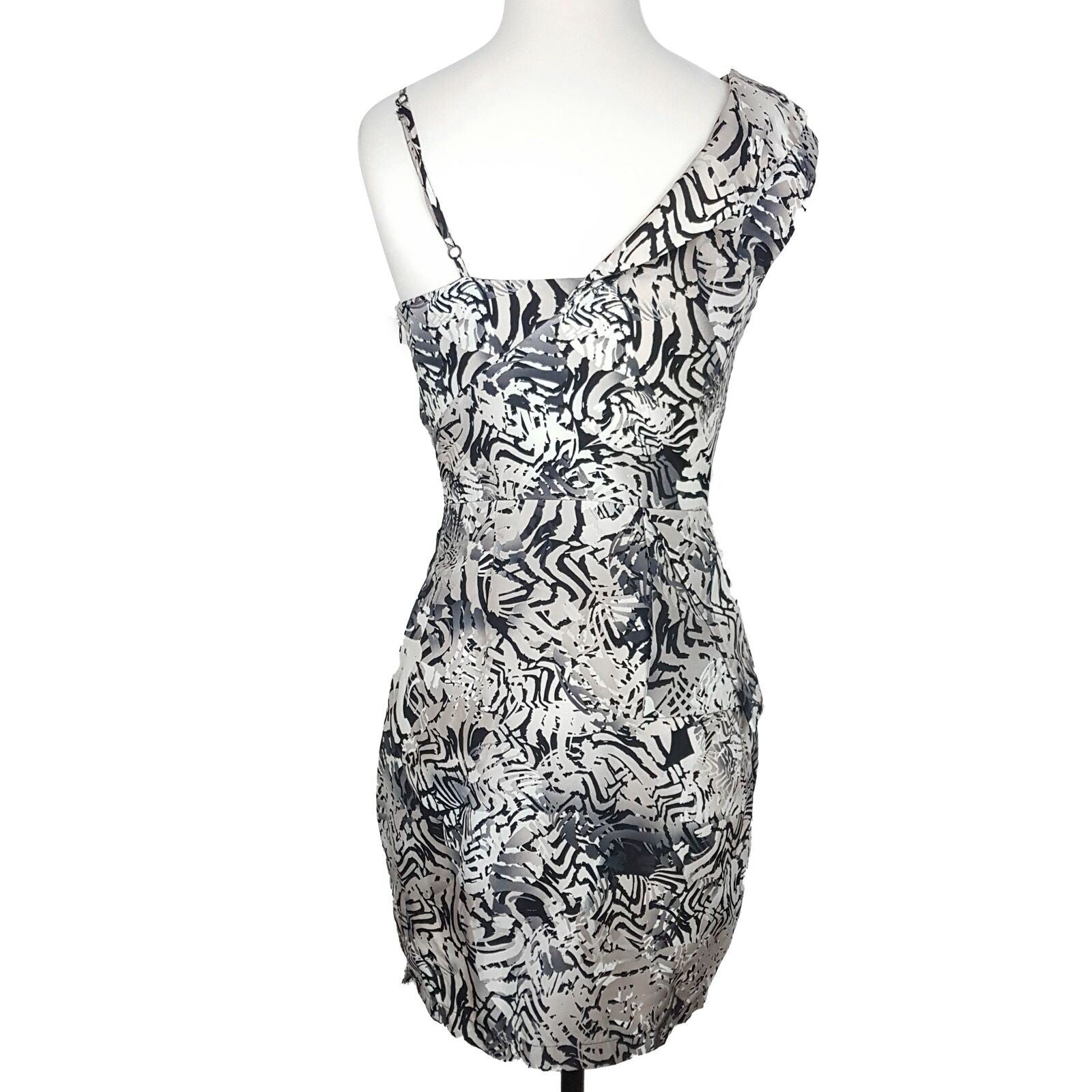 DOTTI Beige Black Abstract Asymmetrical Sleeve Women's Bodycon Peplum Dress Sz 8