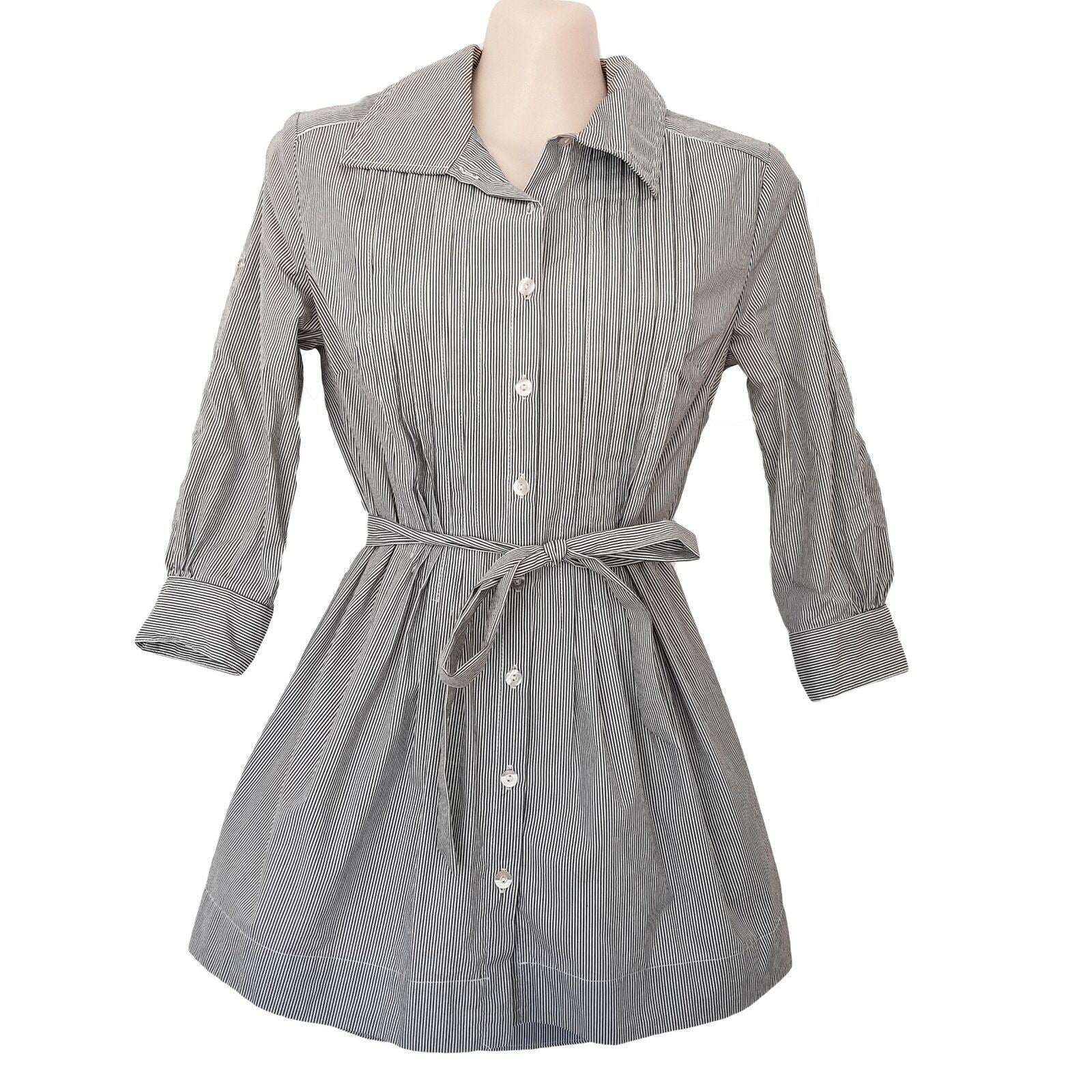 PILGRIM Kimberley Stripe Shirt Black White 3/4 Sleeve Women's Collared Tunic Top