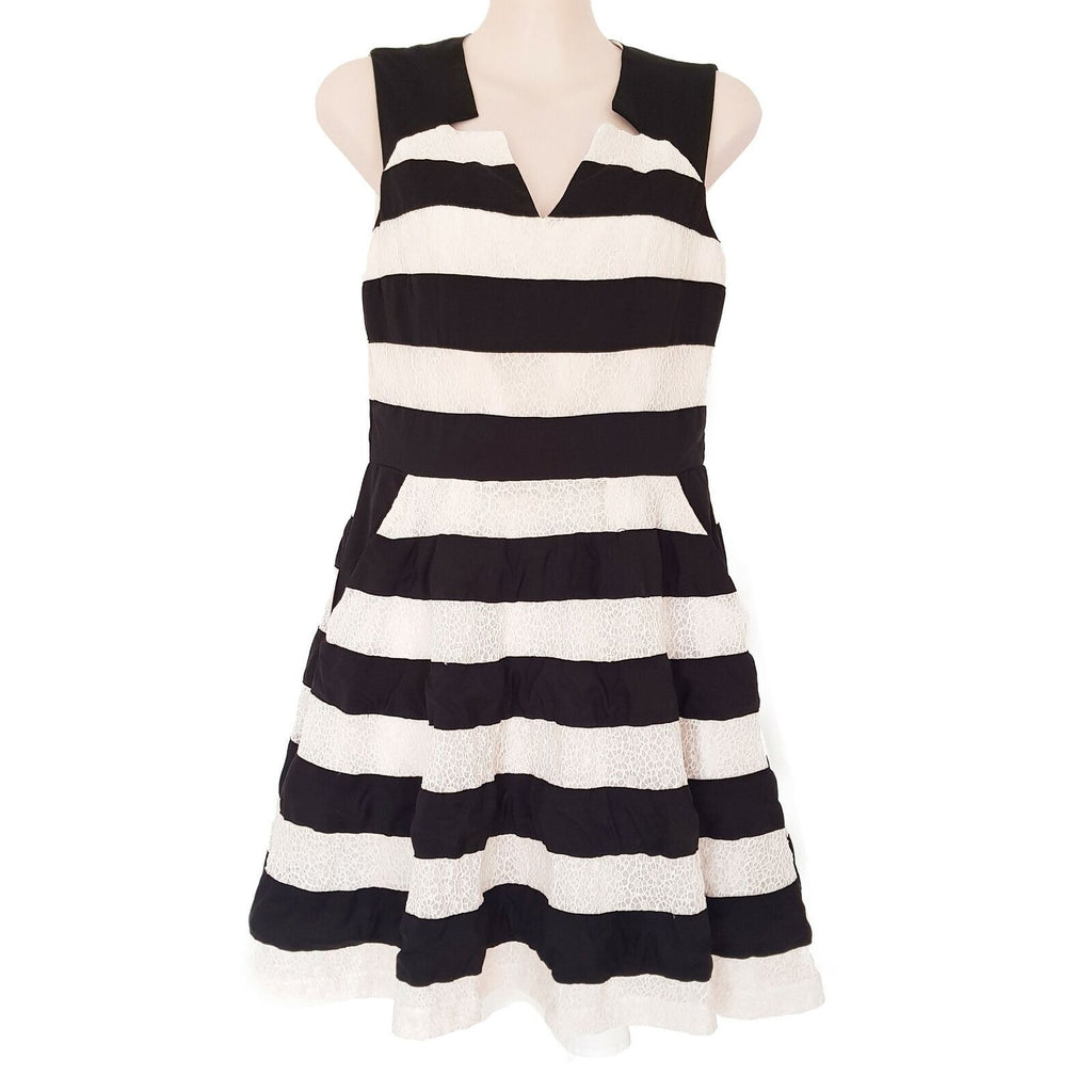 PORTMANS Black & White Striped Sleeveless Ladies A-Line Dress V-Neck Zipper Back