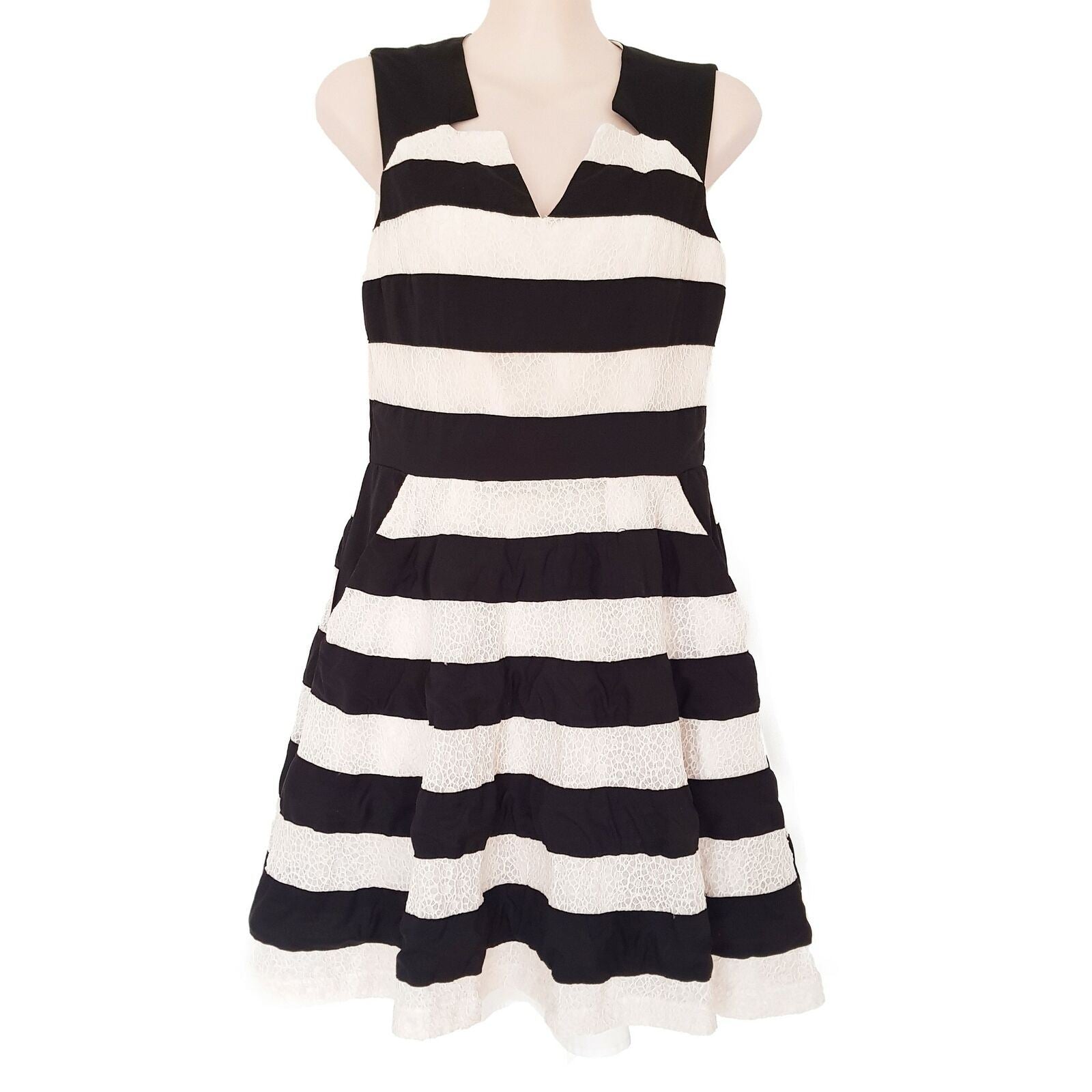 PORTMANS Black & White Striped Sleeveless Ladies A-Line Dress V-Neck Zipper Back