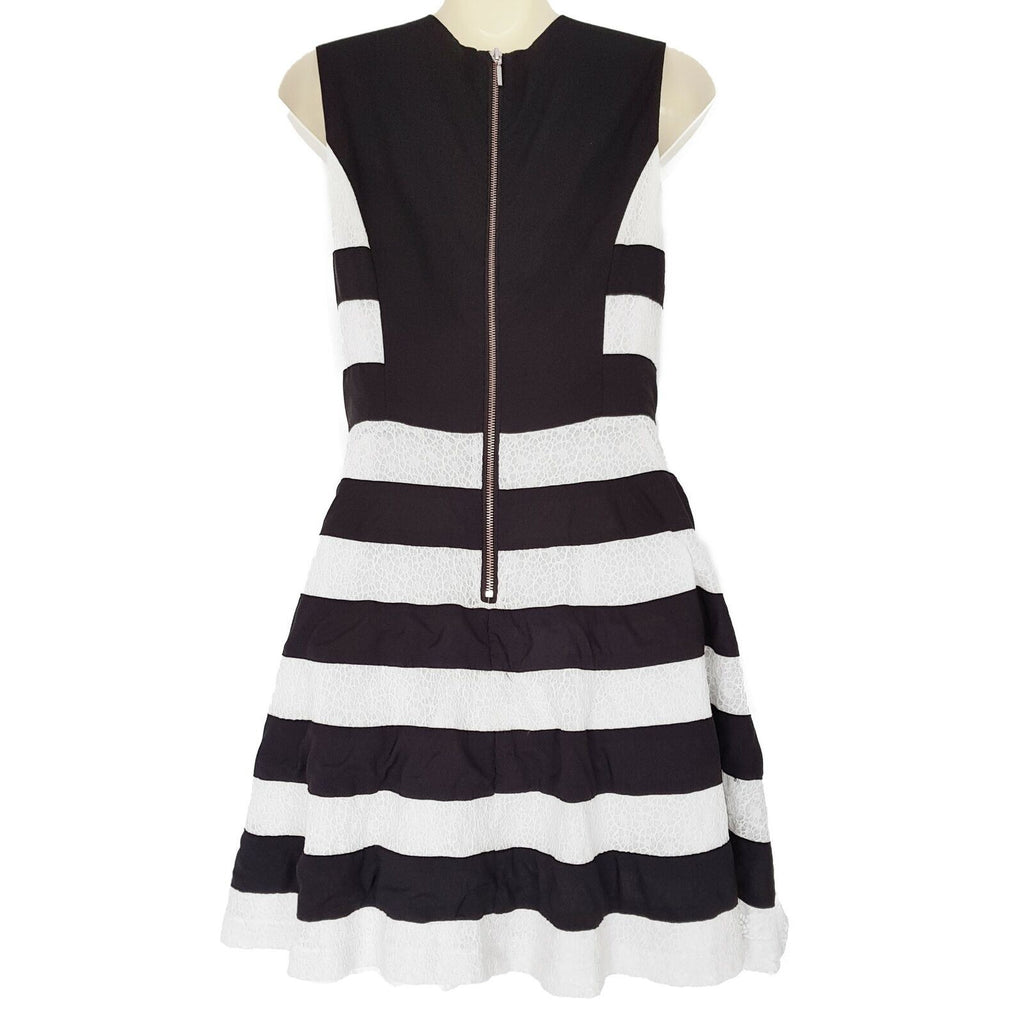 PORTMANS Black & White Striped Sleeveless Ladies A-Line Dress V-Neck Zipper Back