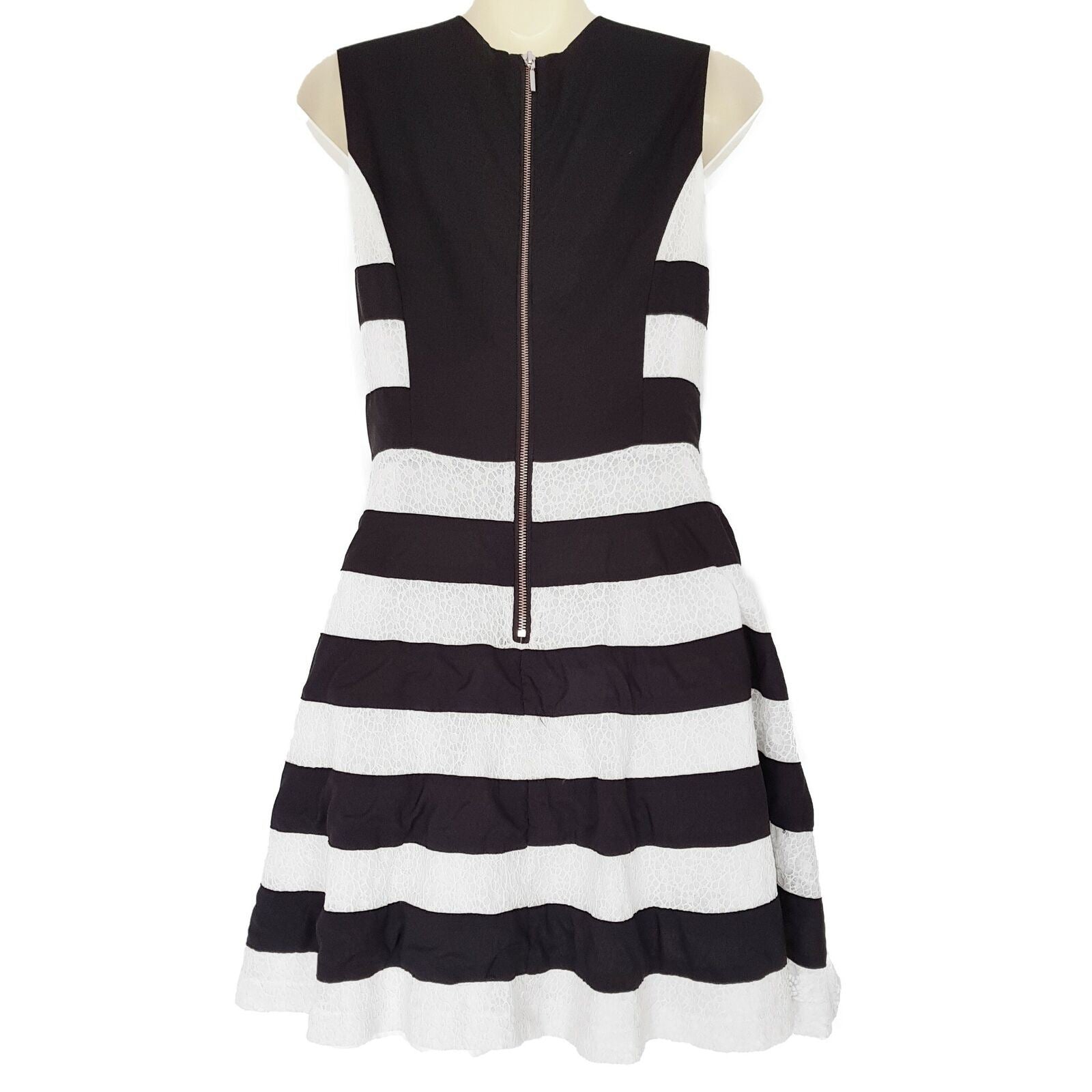 PORTMANS Black & White Striped Sleeveless Ladies A-Line Dress V-Neck Zipper Back