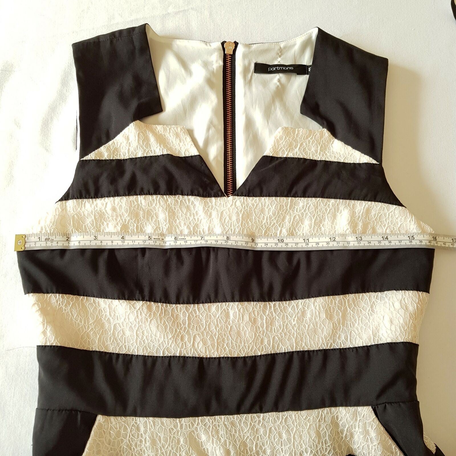 PORTMANS Black & White Striped Sleeveless Ladies A-Line Dress V-Neck Zipper Back