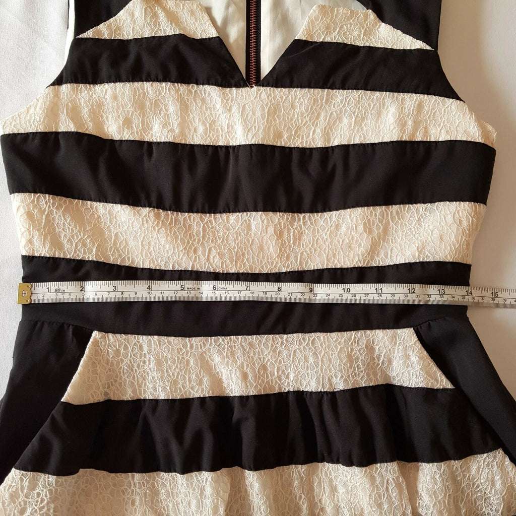 PORTMANS Black & White Striped Sleeveless Ladies A-Line Dress V-Neck Zipper Back