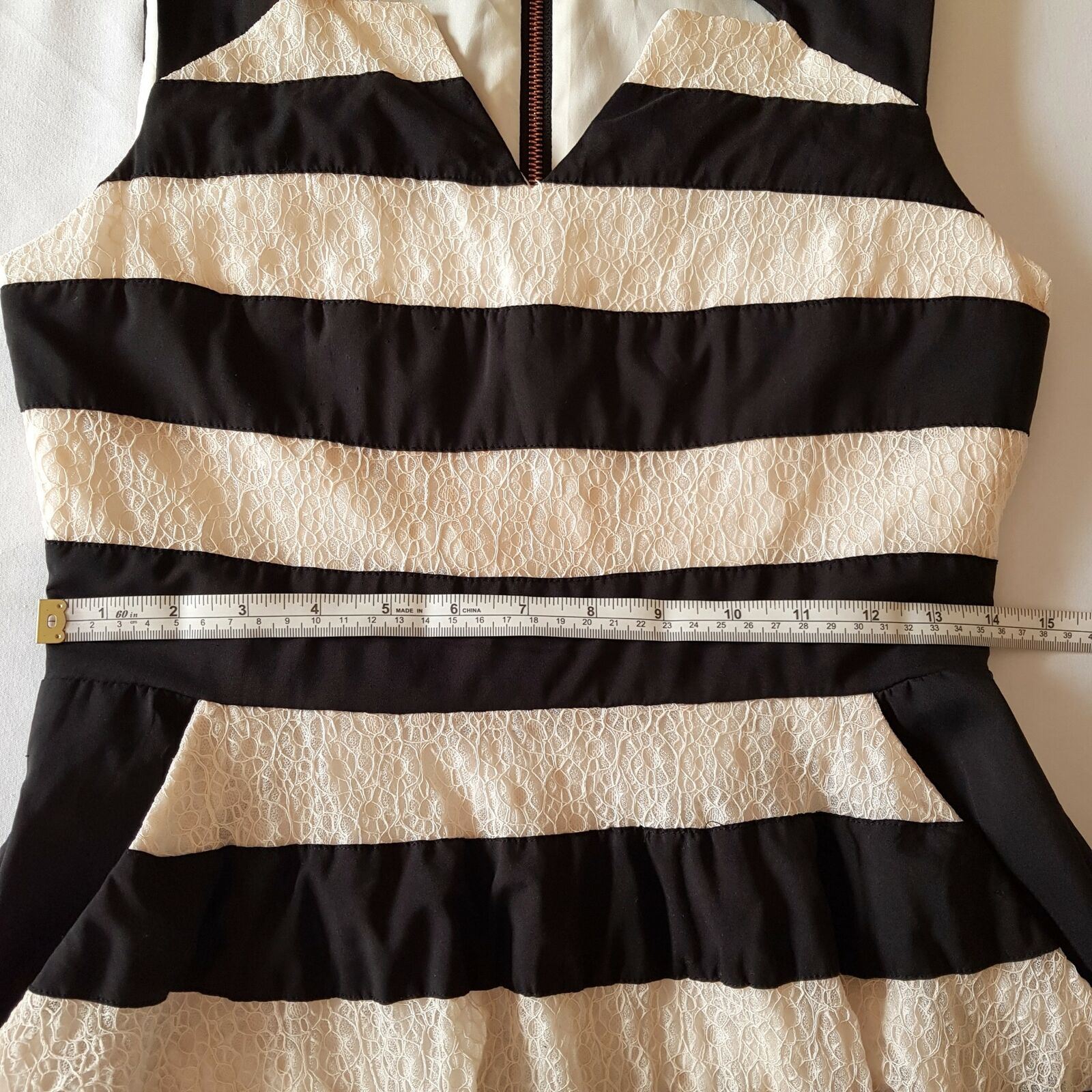 PORTMANS Black & White Striped Sleeveless Ladies A-Line Dress V-Neck Zipper Back