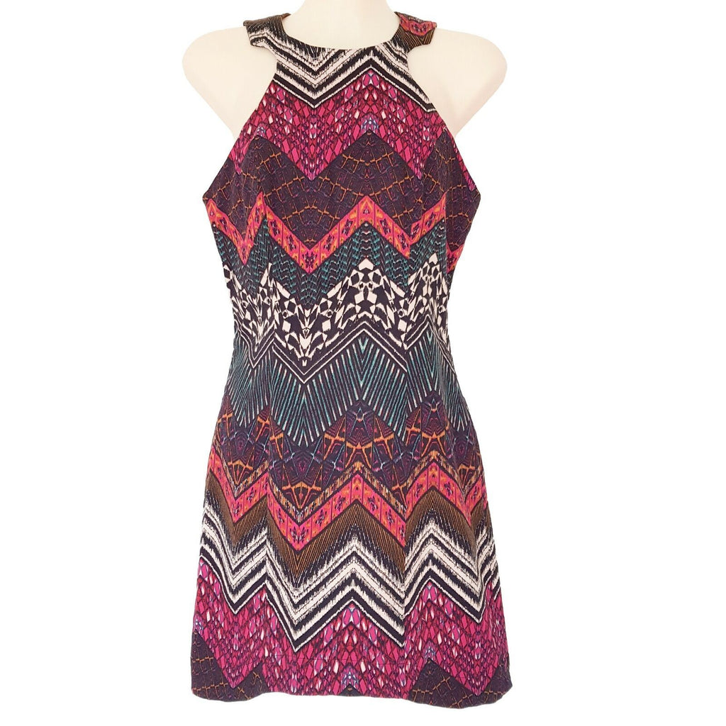 LADAKH M Black Pink Aztec Dress Queen Tribal Zigzag Halter Sheath Party Cocktail